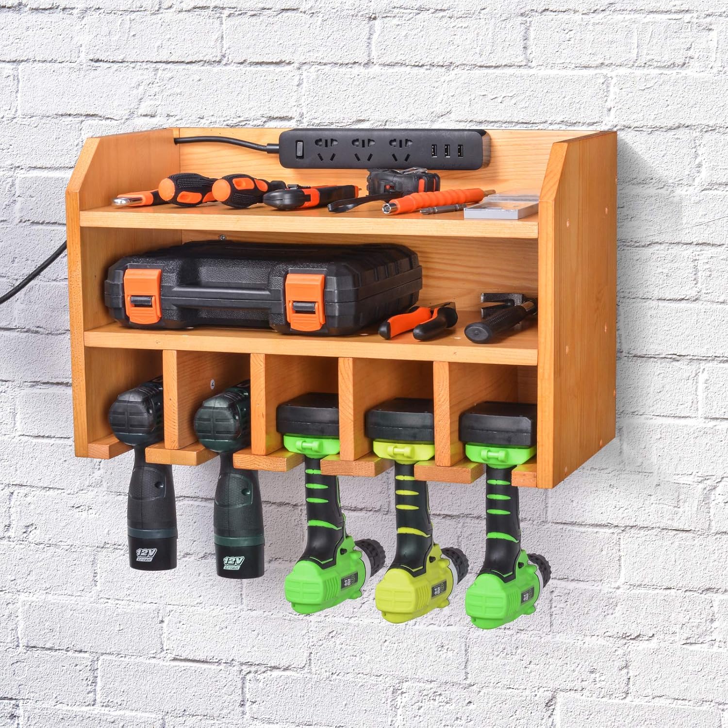Sunix Cordless Drill Charging Station Power Tool Organizer Wall Mount Tool Storage Holder Power Screwdriver Rack for Garage, Workshop, Home (Surge Protector not Included)
