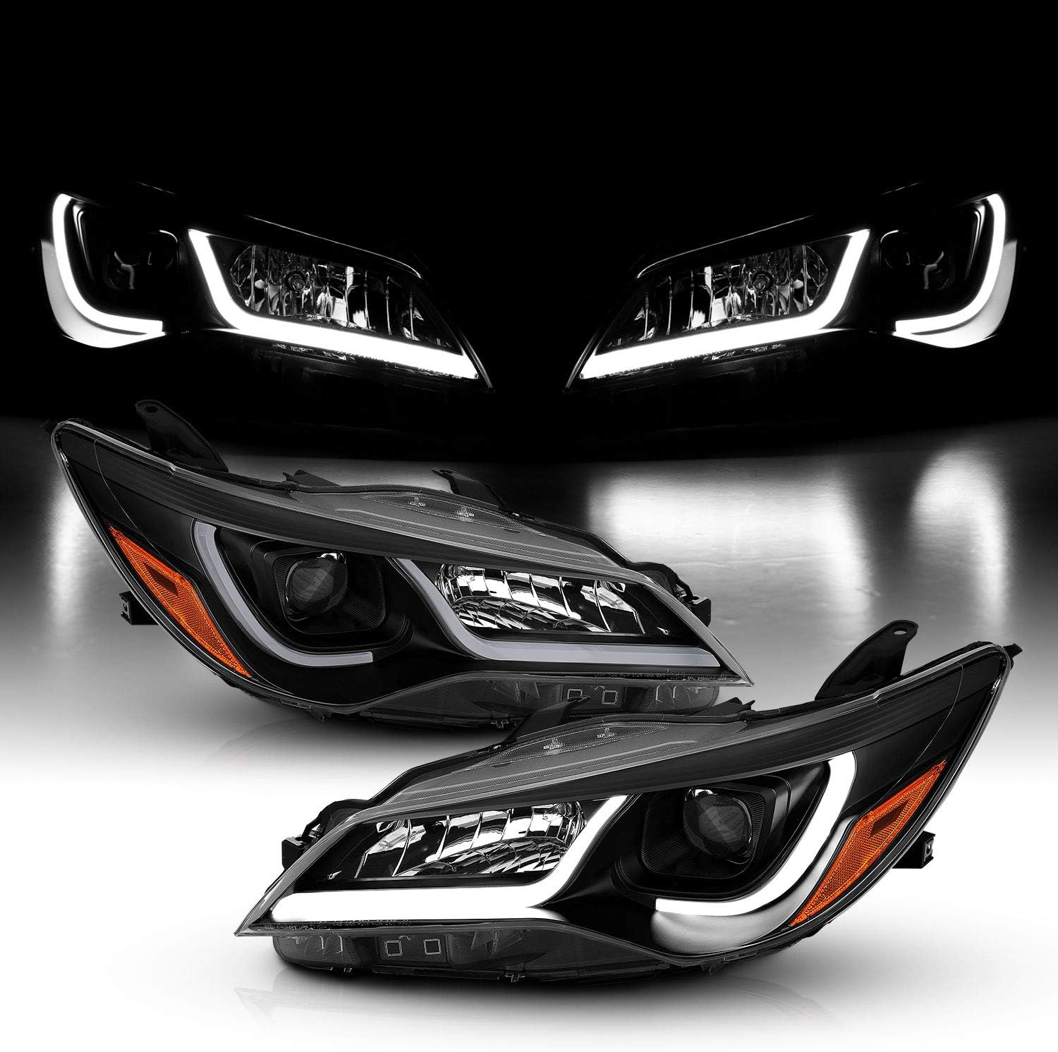 AmeriLite for 2015-2017 Toyota Camry Black w/ Glow LED Tube Projector Headlights Assembly Pair - Passenger and Driver Side