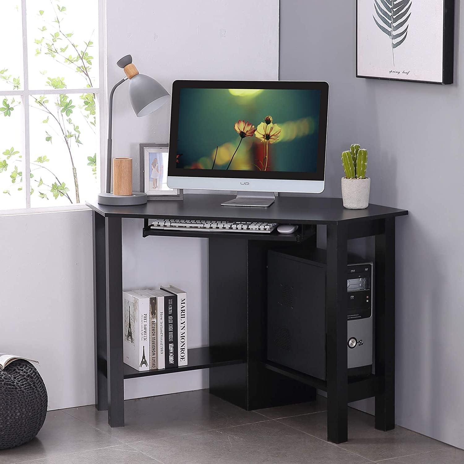 Home Office Corner Desk Table with Keyboard Tray and Storage Shelves,Writing and Study Computer Desk, 47 inch，Black