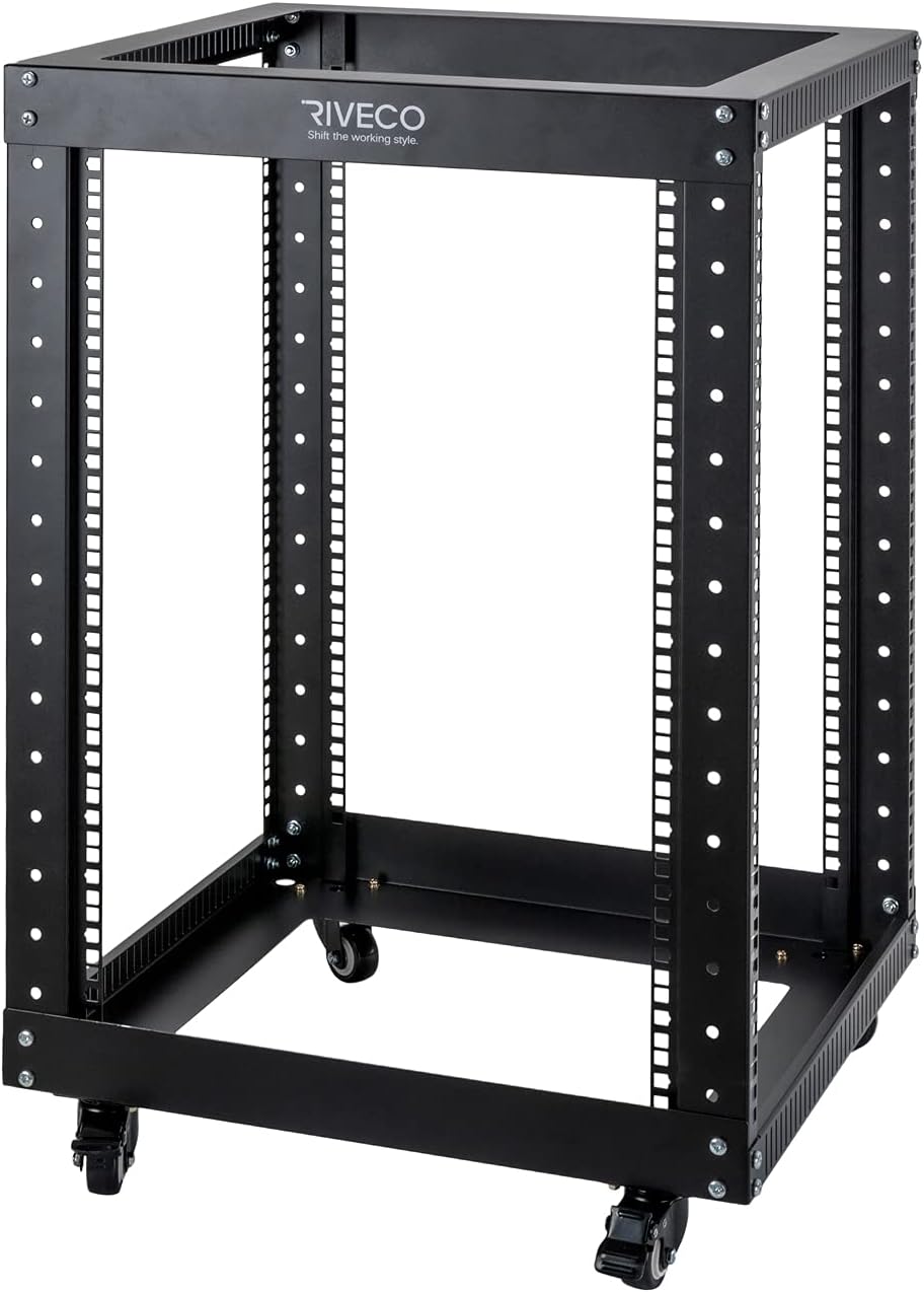RIVECO 15U Server Rack Open Frame with Wheels- 19-inch 4 Post Quick Assembly AV Rack Network Heavy Duty Durable Black