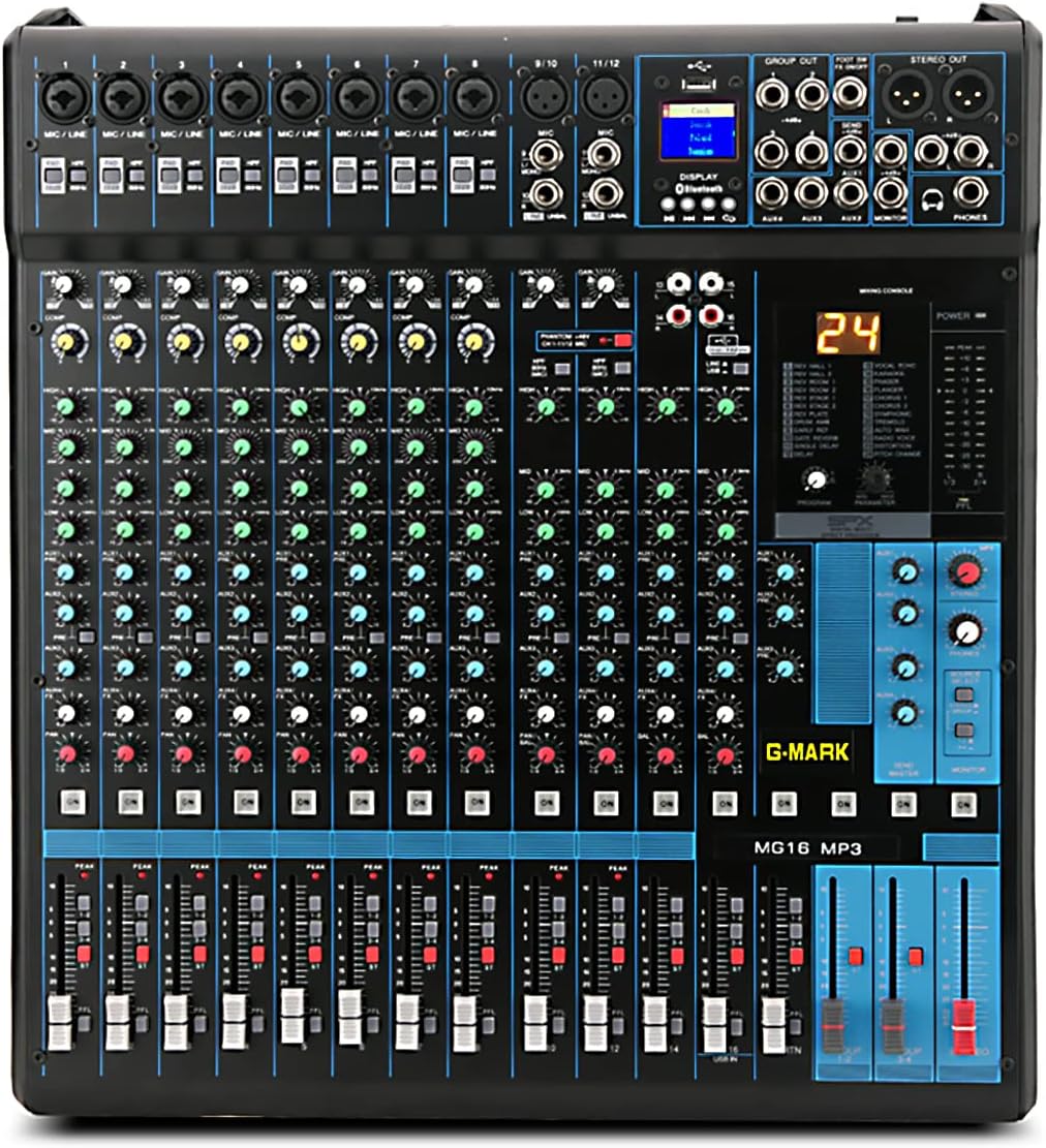 G-MARK Professional Audio Mixer Sound Board Console System Interface 16 Channel Digital USB Bluetooth MP3 Computer Input 48V Phantom Power Stereo DJ 24-Bit SPX effects