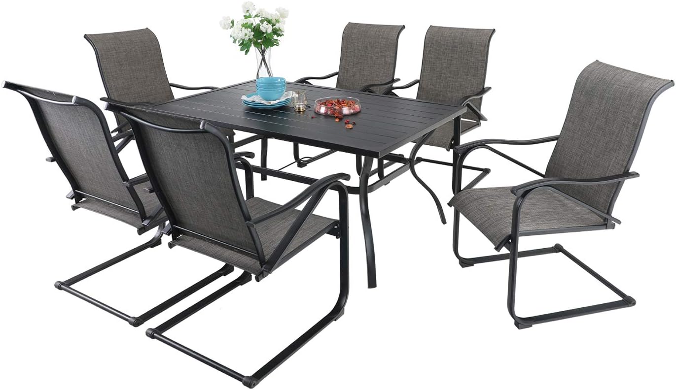 Sophia & William 7 Pieces Patio Dining Set, Outdoor Metal Furniture Set 6 x C Spring Motion Chairs with 1 Rectangular Umbrella Table for Lawn Garden Backyard