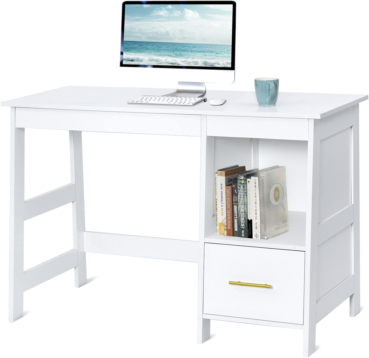 Computer Desk with Drawers, Modern White Office Desk Teens Student Desk Study Table Writing Desk for Bedroom Small Spaces Furniture with Storage Shelves, White