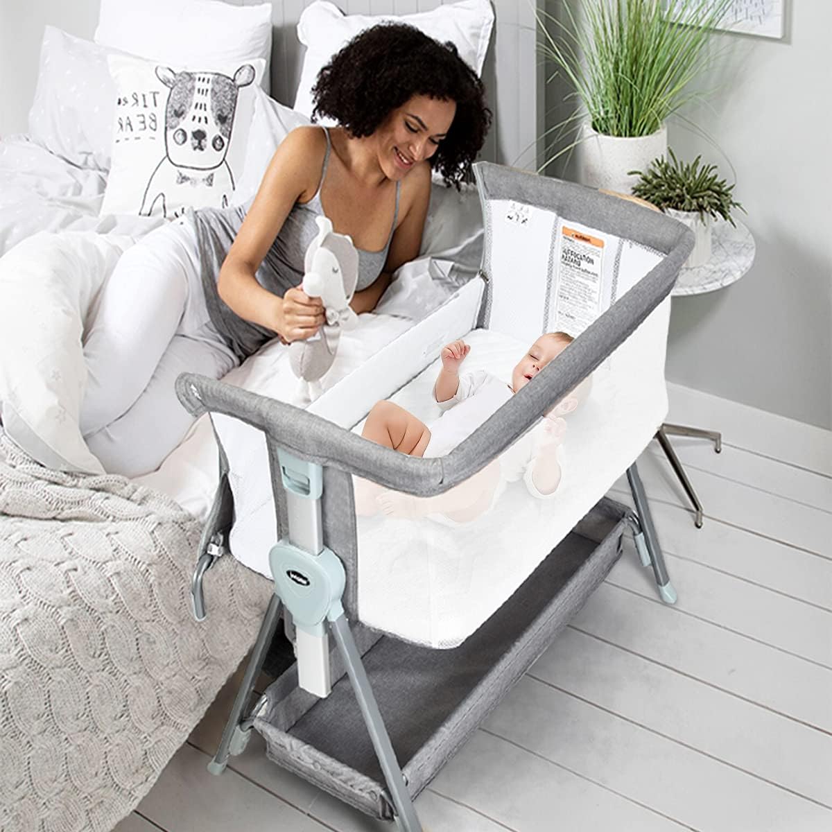 INFANS Baby Bedside Crib, Newborn Sleeper w/ Large Storage Basket, Adjustable Heights & Angle, Detachable &Washable Mattress, Breathable Mesh, Straps, Easy Moving Bed Side Bassinet, Light Grey