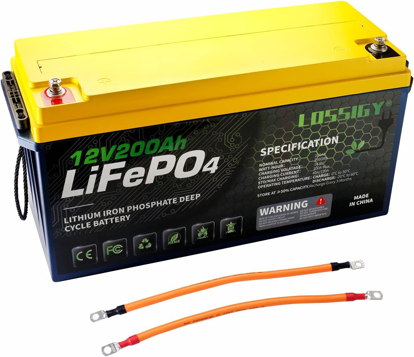 LOSSIGY Lifepo4 12 Volt 200AH Deep Cycle Lithium ion Battery Perfect Replace for RV/Camper/Trailer Solar/Wind Power System Marine Battery, Maintenance-Free Built in 100A BMS