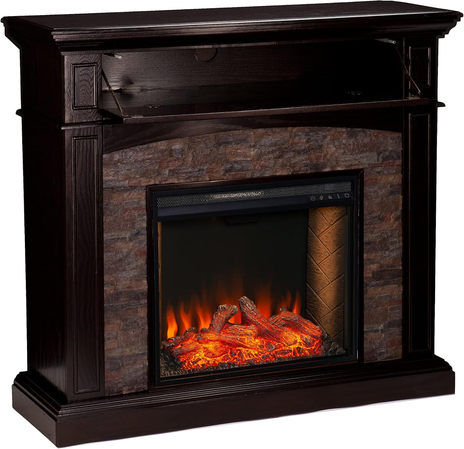 SEI Furniture Grantham Faux Stone Alexa-Enabled Electric Hidden Media Shelf Corner Fireplace, Ebony