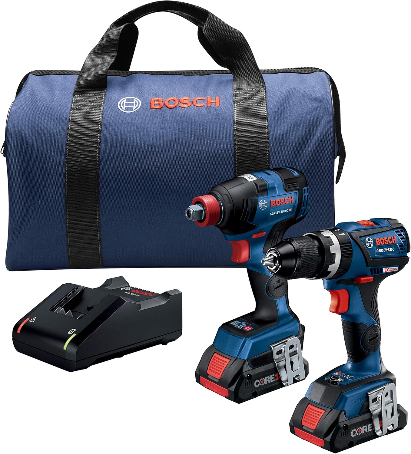 BOSCH GXL18V-251B25 18V 2-Tool Combo Kit with Freak 1/4 In. and 1/2 In. Two-In-One Impact Driver, Compact Tough 1/2 In. Hammer Drill/Driver and (2) CORE18V 4.0 Ah Batteries