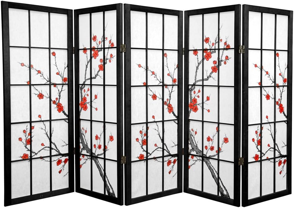 Oriental Furniture 4 ft. Tall Cherry Blossom Shoji Screen - Black - 4 Panels