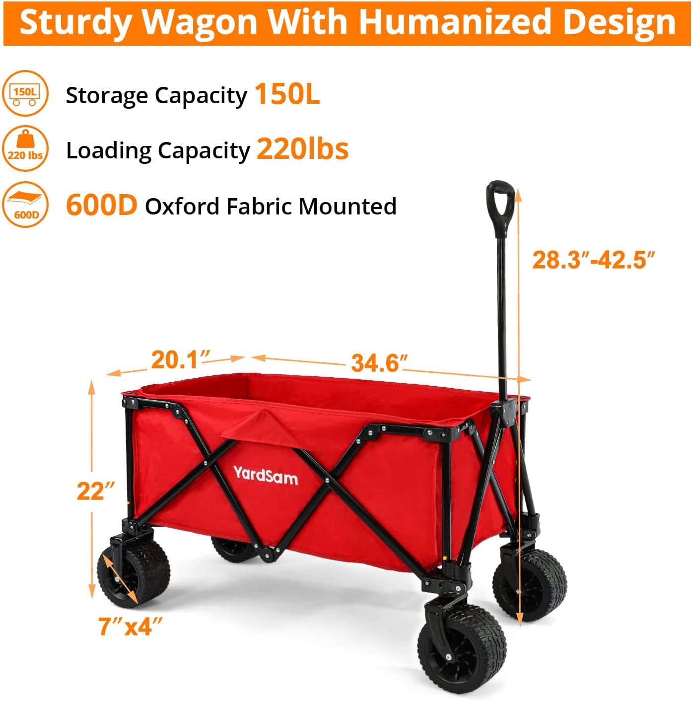 Yardsam Foldable Beach and Garden Wagon Carts, Heavy Duty Folding Collapsible Wagon Utility Outdoor Camping Cart with Removable Wheels & Adjustable Handle, w/ Cargon Net and Straps