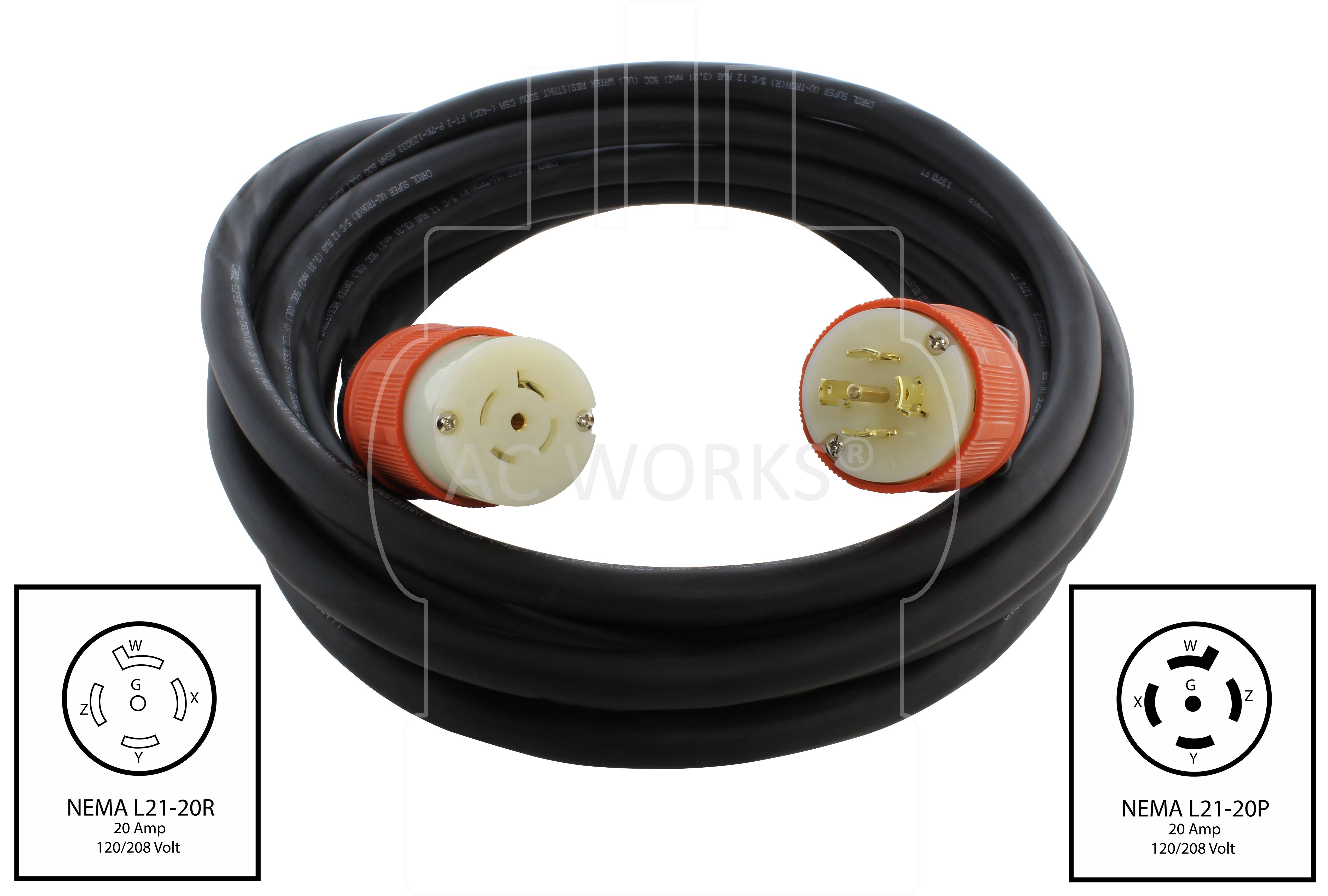 AC Works 50 ft. SOOW 12/5 NEMA L21-20 20 Amp 3-Phase 120-Volt/208-Volt Industrial Rubber Extension Cord, Black