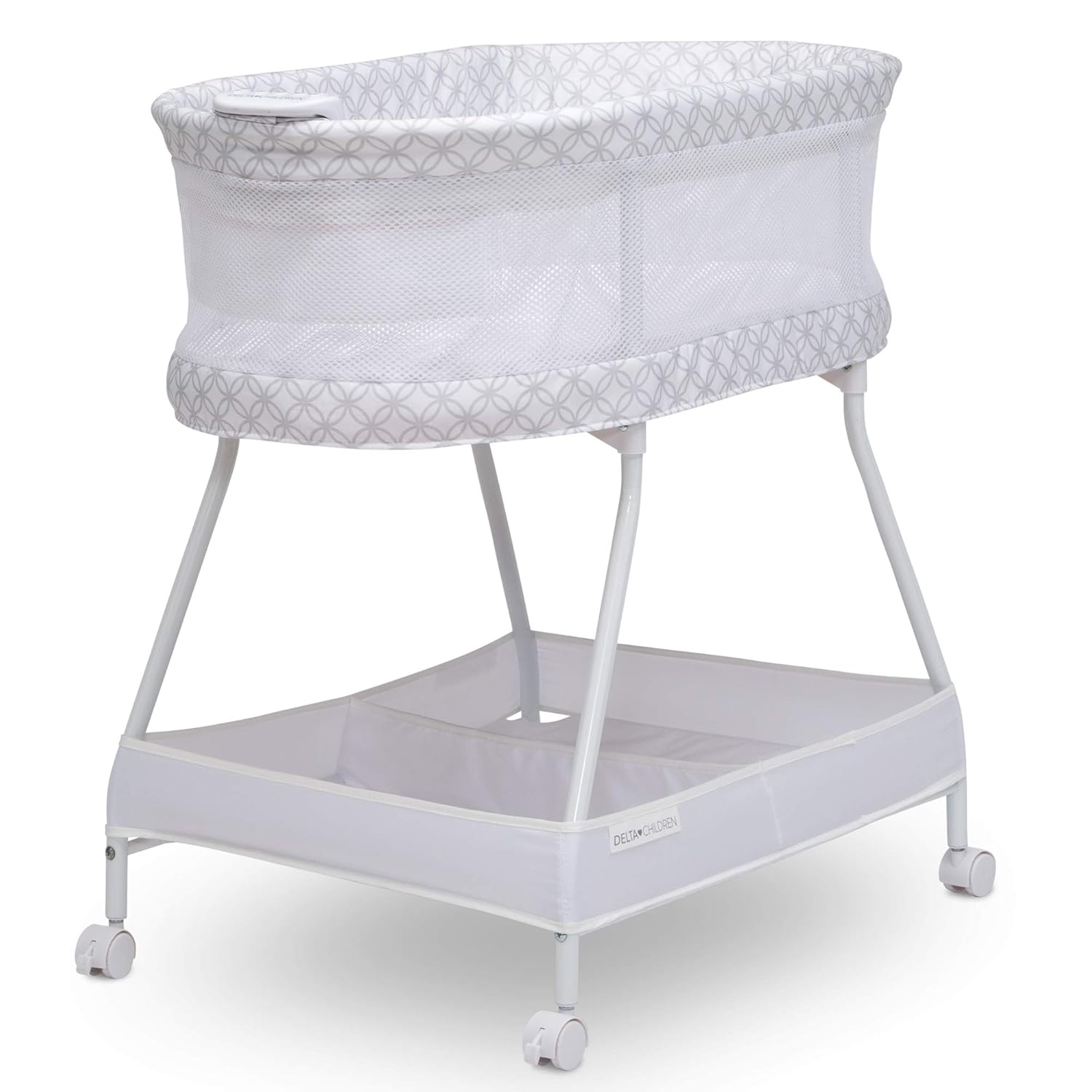 Delta Children Sweet Dreams Bassinet with Airflow Mesh Bedside Portable Crib with Vibration Lights and Music, Grey Infinity Pack of 2