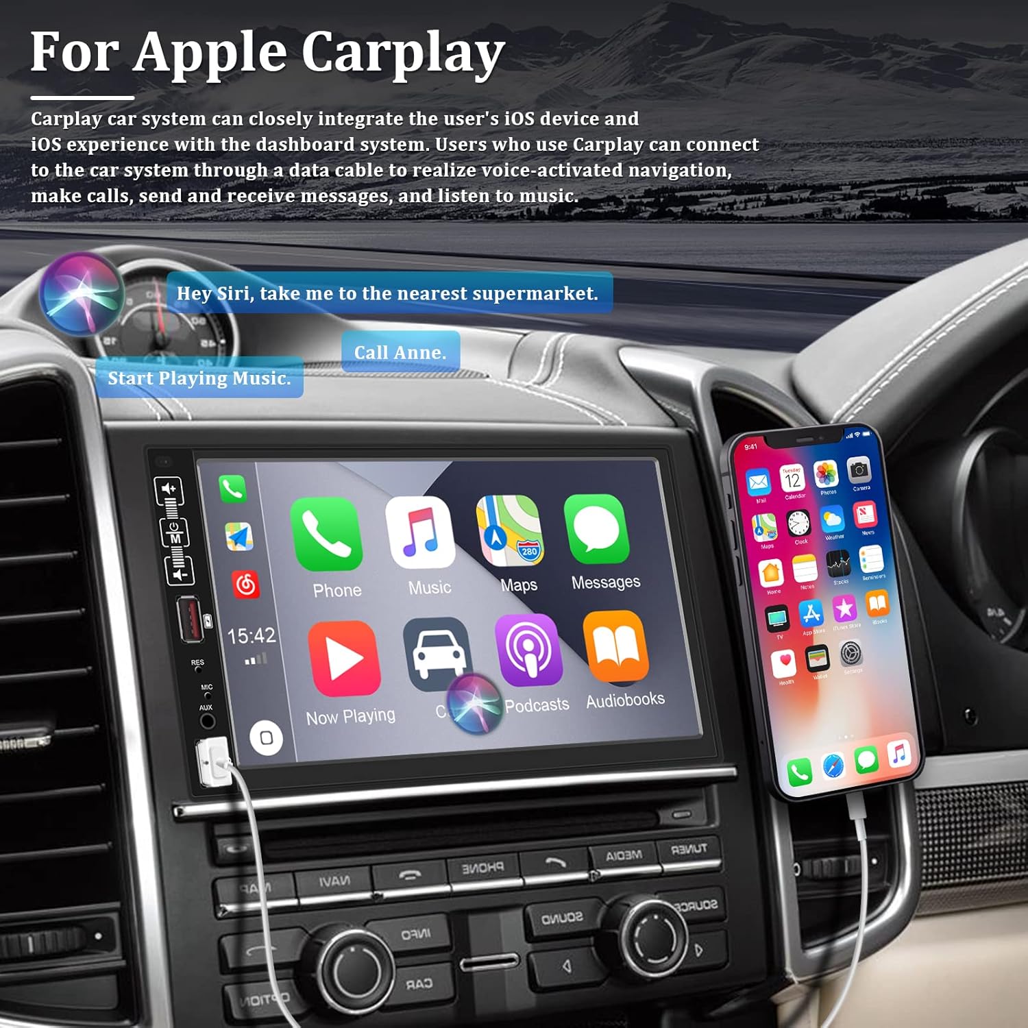 7 Inch Double Din Car Stereo with Carplay Android Auto Touch Screen Bluetooth Car Radio with FM Mirror Link USB SWC Backup Camera Remote Control Microphone