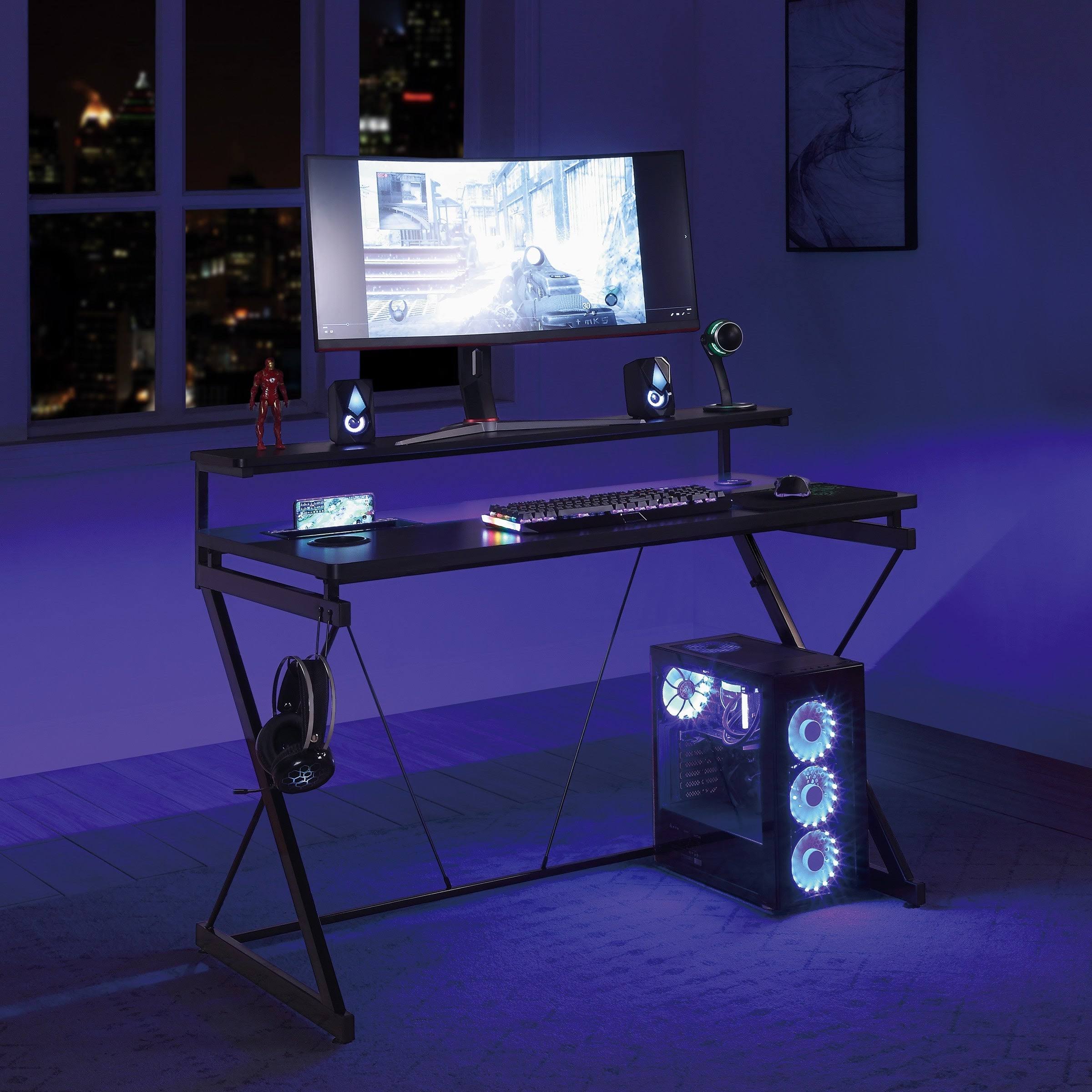 Osp Home Furnishings Emulator Battlestation Black Gaming Desk with RGB LED Lights