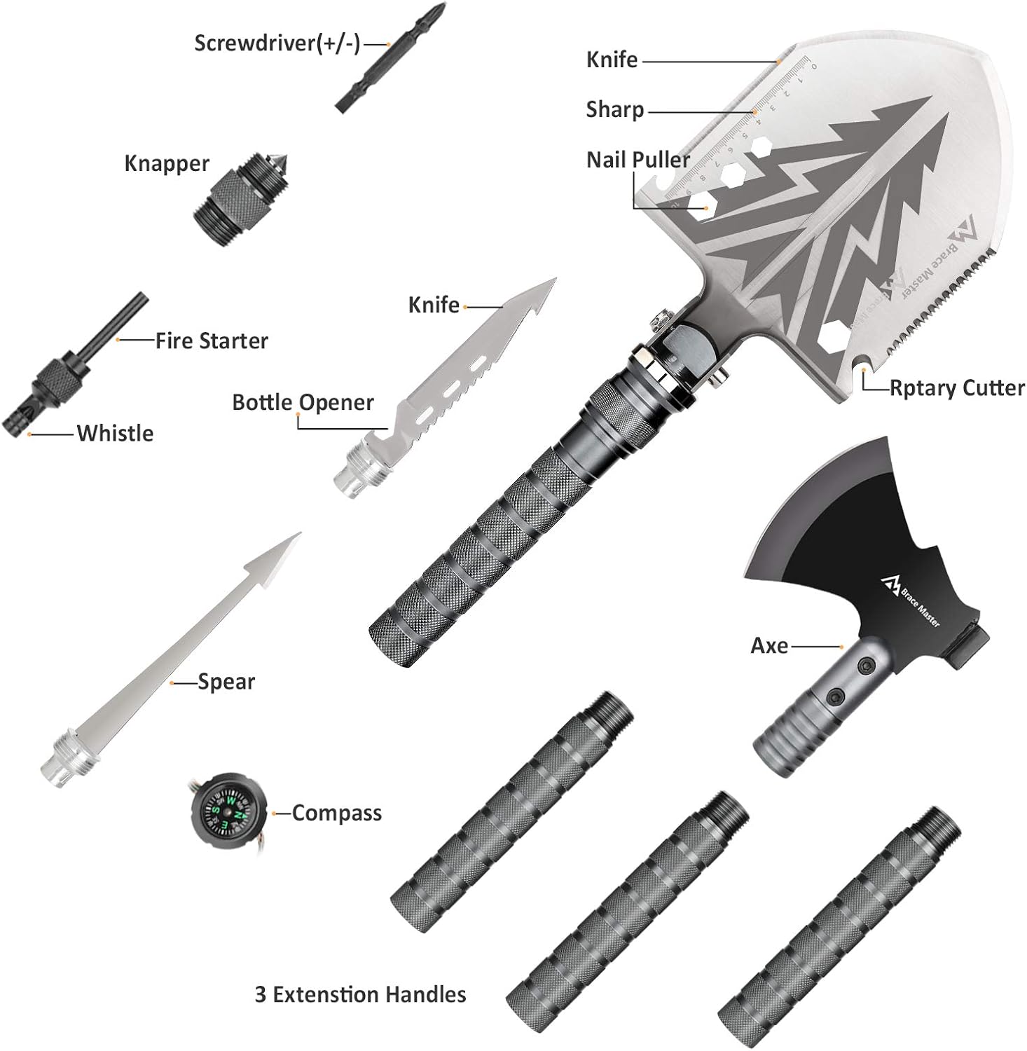 Brace Master Camping Shovel and Axe, Survival Multitool Shovel Axe，for Camping, Hiking, Backpacking, and Emergency