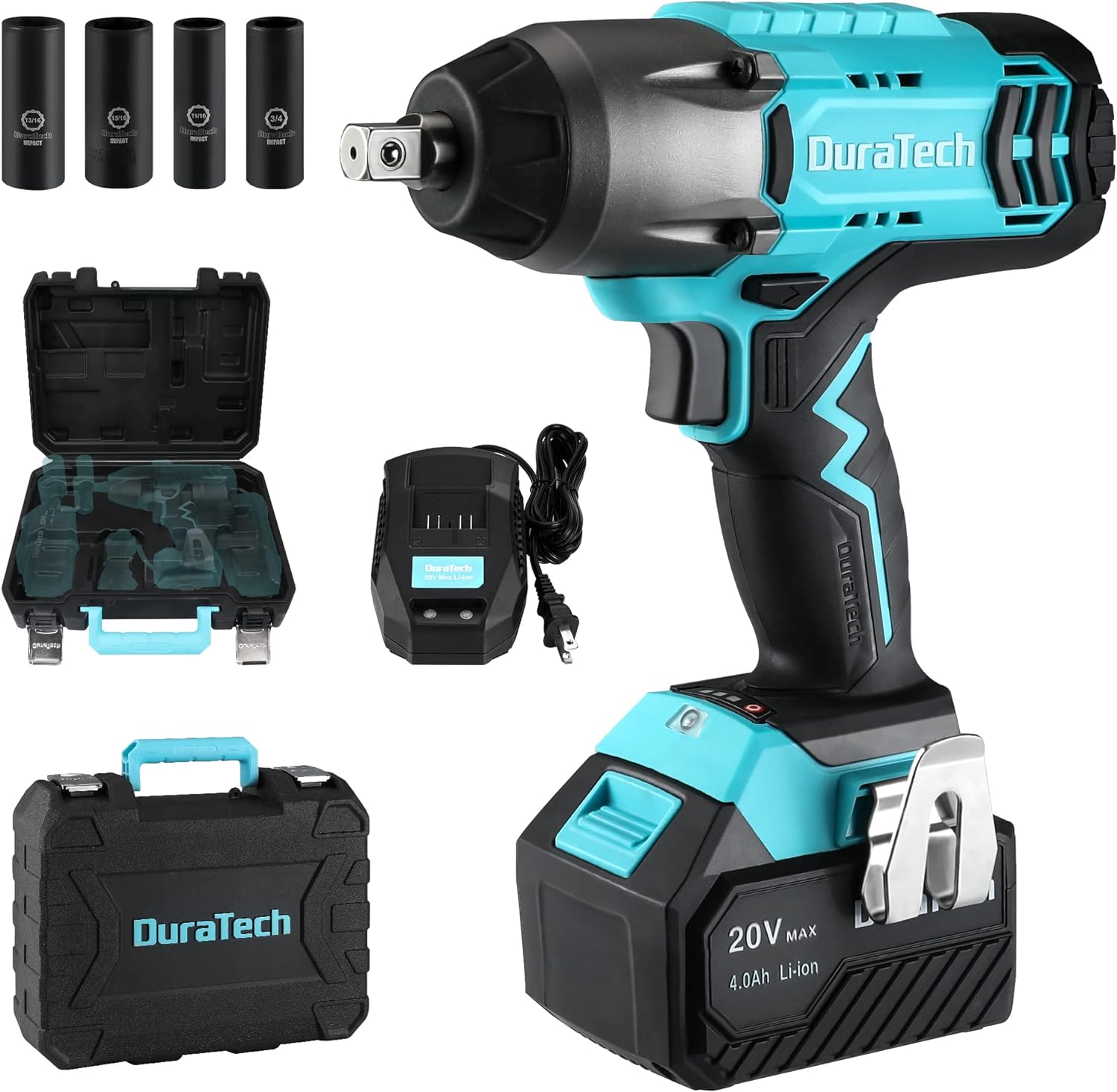 DURATECH 20V Cordless Impact Wrench, 330 Ft-lbs High Torque Wrench, 1/2-inch Sockets Cr-v Steel, 4.0A Large Capacity Battery and Fast Charger Included