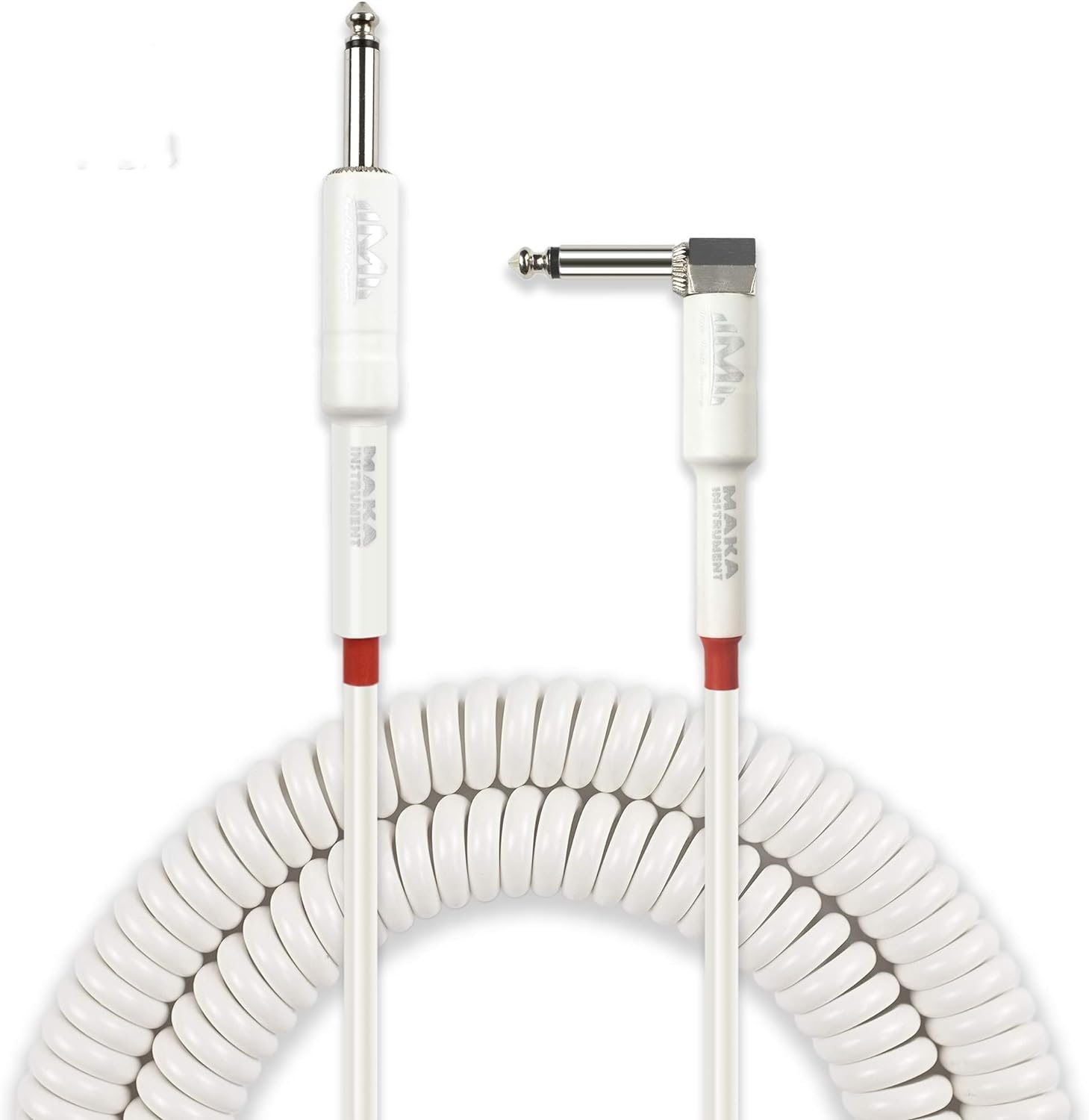 M MAKA Premium Guitar Coil Cable 30 Feet, Instrument Coiled Curly Cord for Guitar Bass, 1/4 inch Right Angle to Straight, White Pack of 2