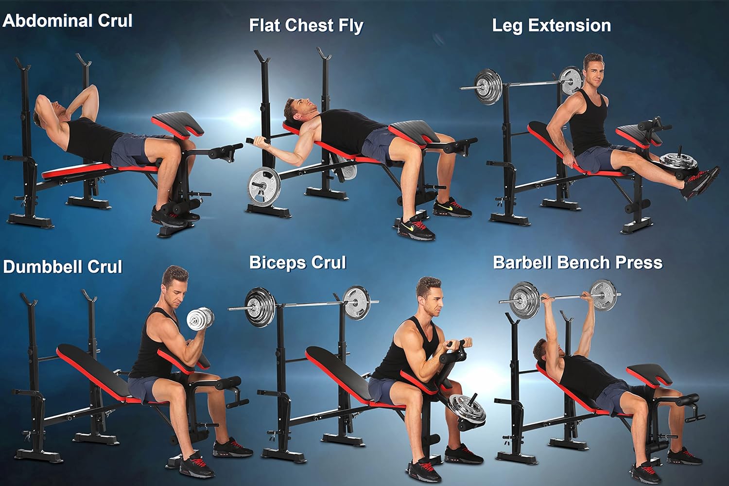 Adjustable Olympic Weight Bench Power Tower Workout Dip Station with Preacher Curl Leg Developer Multi-Functional Weight Bench Set for Indoor Gym Home Fitness Exercise (Black Red)