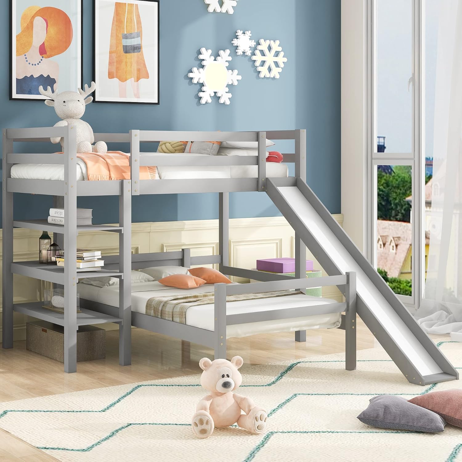 Solid Wood Low Bunk Bed for Kids, Twin Over Twin Floor Bunk Bed with Slide and Stair, Stairway with Storage Shelves/Handrail, Space-Saving Bedroom Dormitory Furniture (Gray)