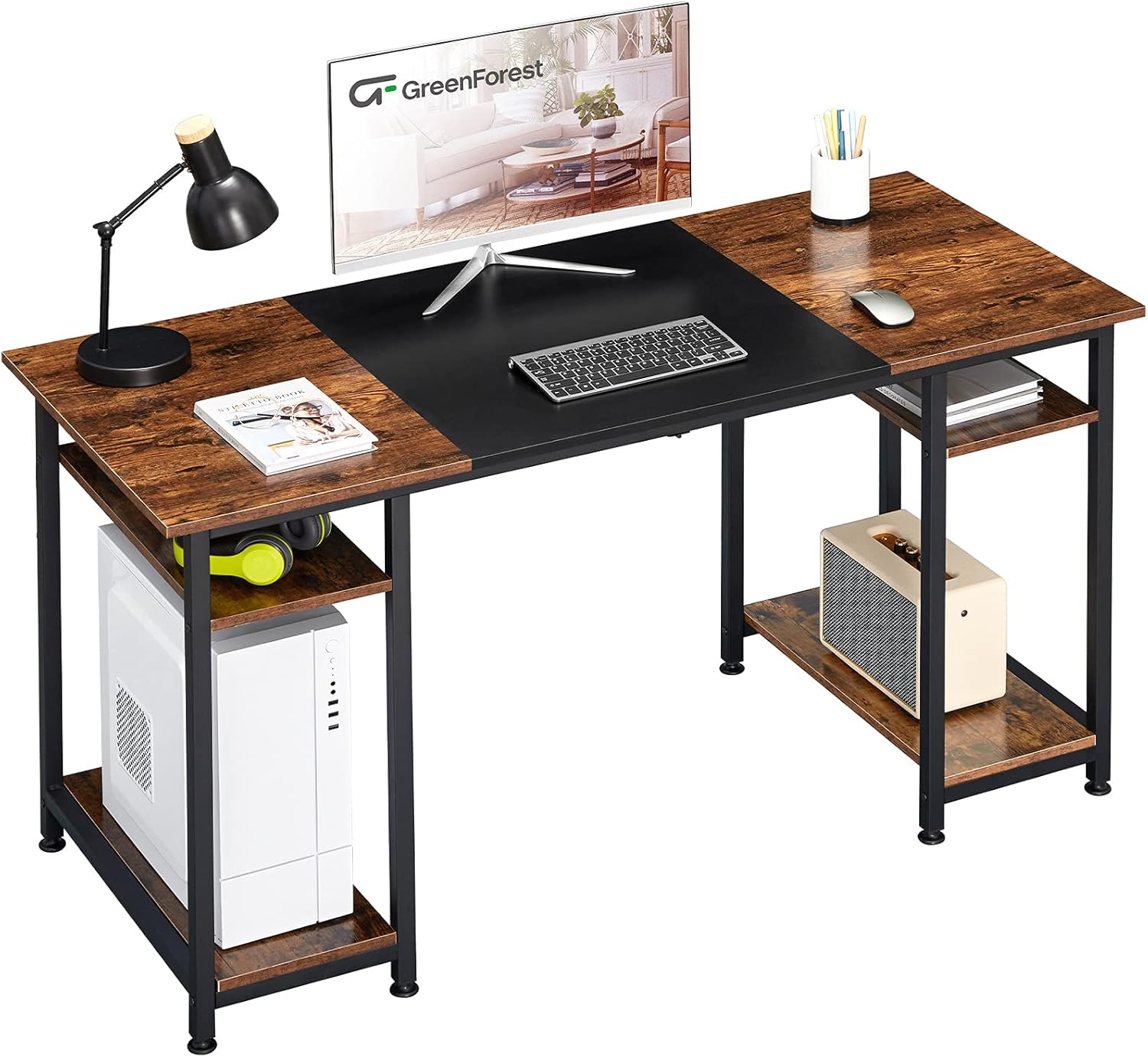 GreenForest Computer Desk 55 inch Home Office Desk with Shelves Modern Writing Gaming Laptop Worksation for Bedroom Space Saving Hold Two Monitor,Brown and Black