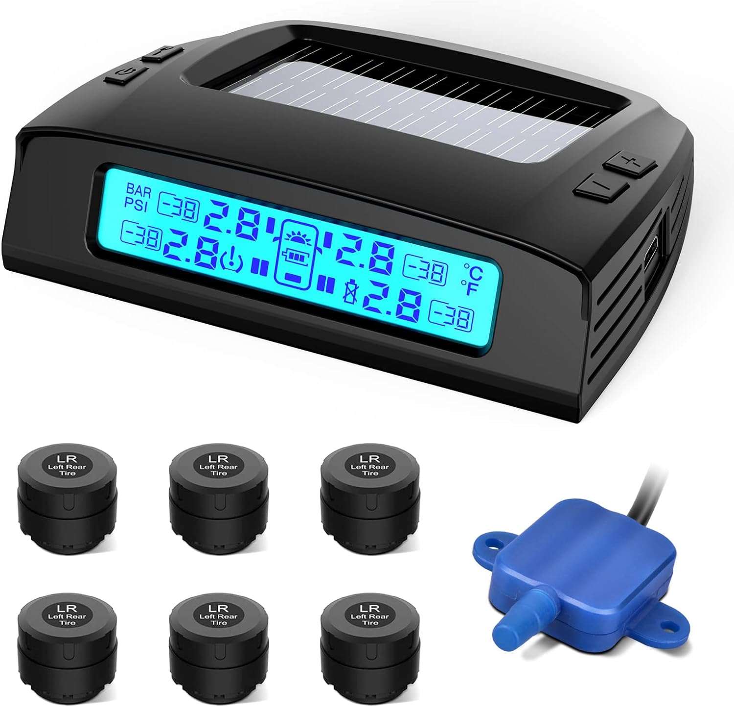 Tymate Tire Pressure Monitoring System - Solar Charge, 5 Alarm Modes, Auto Backlight ＆ Smart LCD Display, Auto Sleep Mode, W/Repeater, W/ 6 External Tpms Sensor (0-87 PSI)