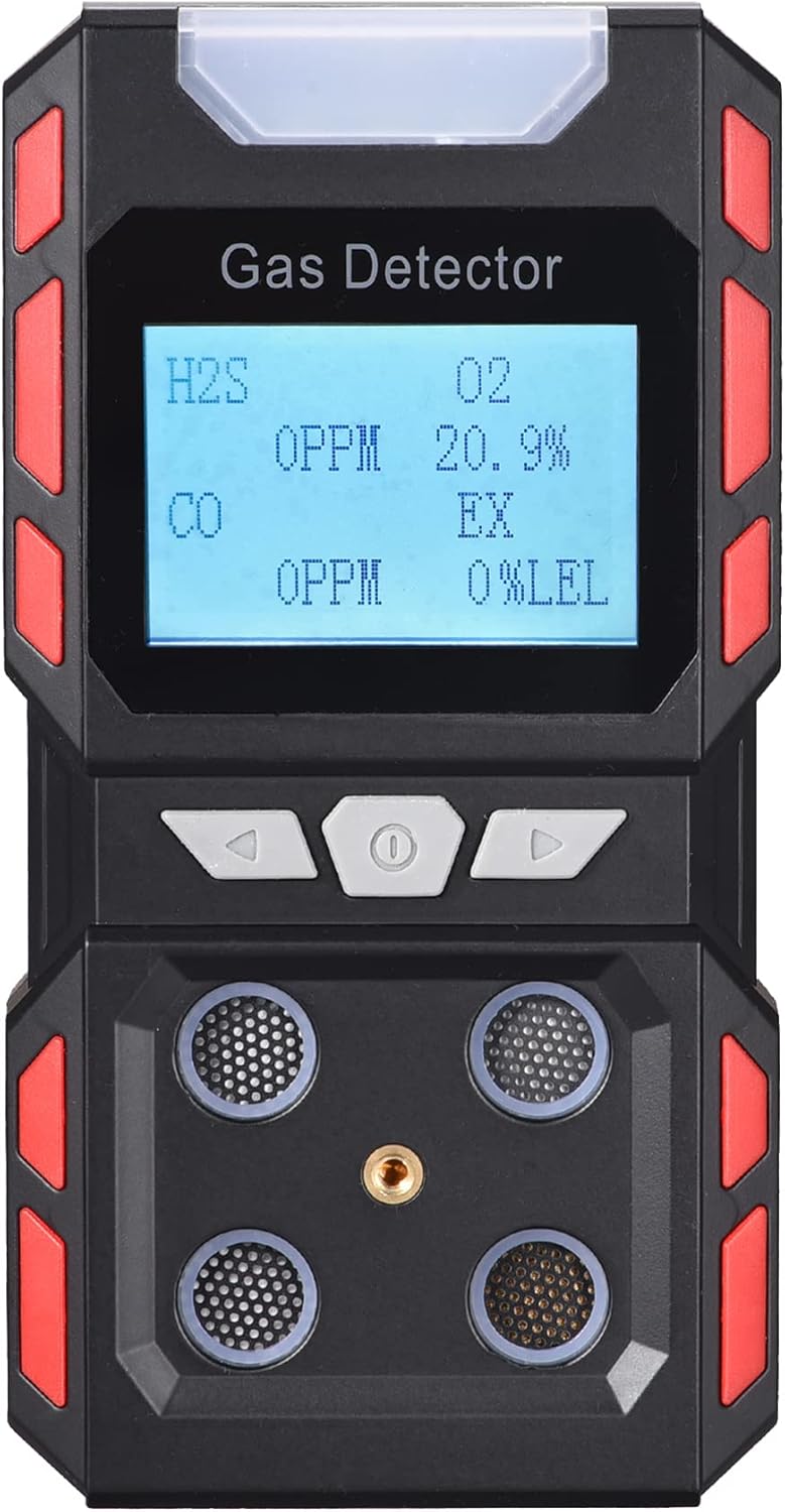 iMeistek Portable 4 Gas Detector, Air Quality Gas Meter Monitor with Large Digital LCD Display, Rechargeable Battery Operated Gas Test Analyzer with Voice Light and Vibration Alarm Mode (Black)
