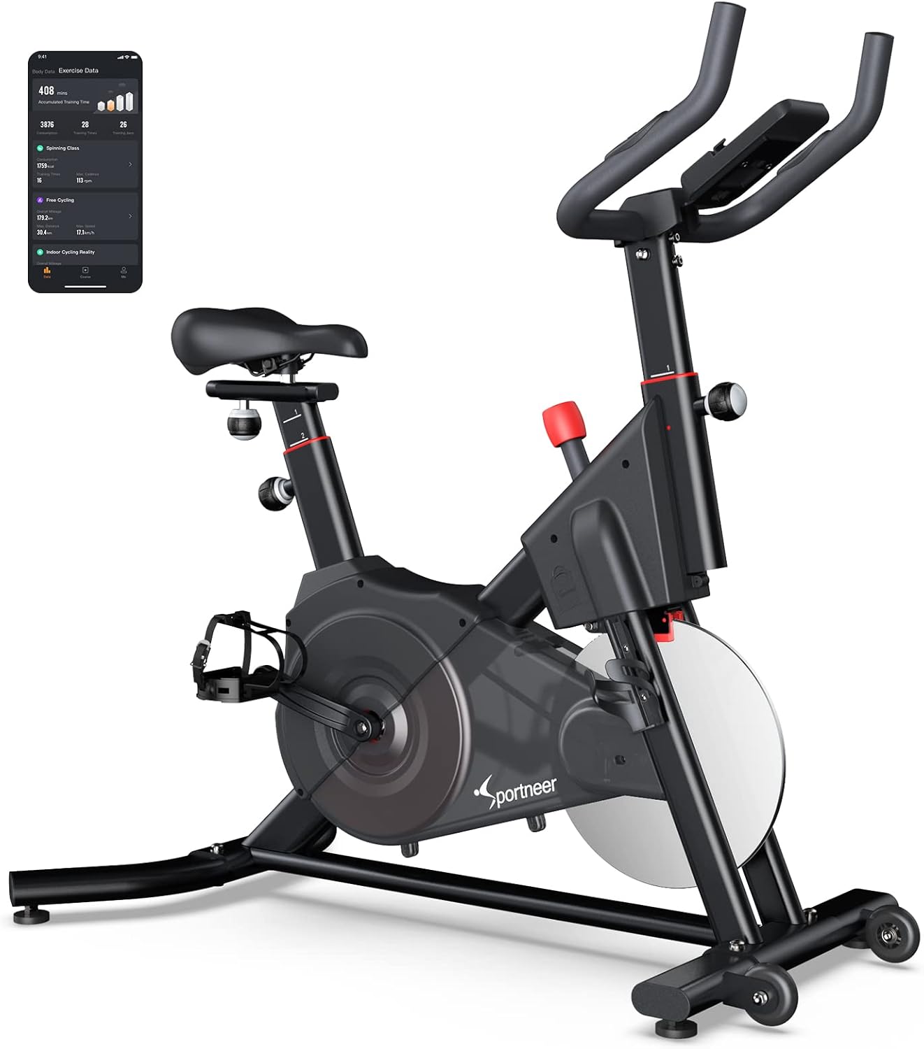 Sportneer Exercise Bike (Quiet), Indoor Cycling Bike Stationary Magnetic Resistance Spin Bike Cycle Workout Bikes for Home Gym, Aluminum Flywheel, Bluetooth & APP, Black