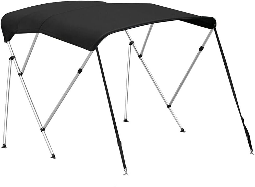 LUJUNTEC Boat Bimini Top Cover -79-84inch W 3 Bow Bimini Top Canvas Sun Shade Boat Canopy 1inch Double Wall Alu Frame Tube, 2 Straps 2 Rear Support Poles, Storage Boot (Black)