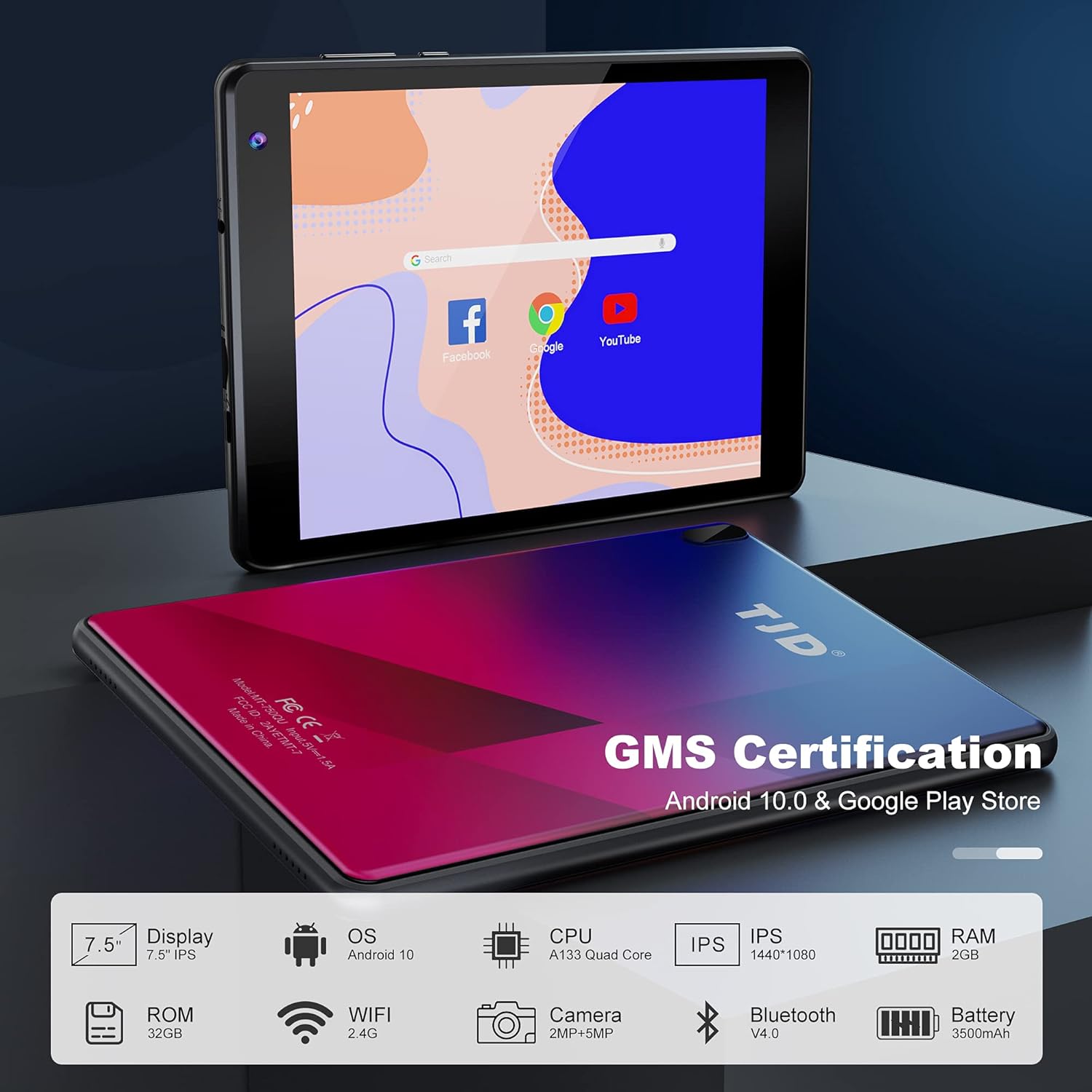 TJD 7.5 Inch Tablet, 1440x1080 IPS Display, Android 10, 2GB RAM 32GB ROM, 2MP+5MP Dual Camera, Quad-Core Processor, Wi-Fi Bluetooth Google Certified 3500mAh Blue Pink Pack of 2