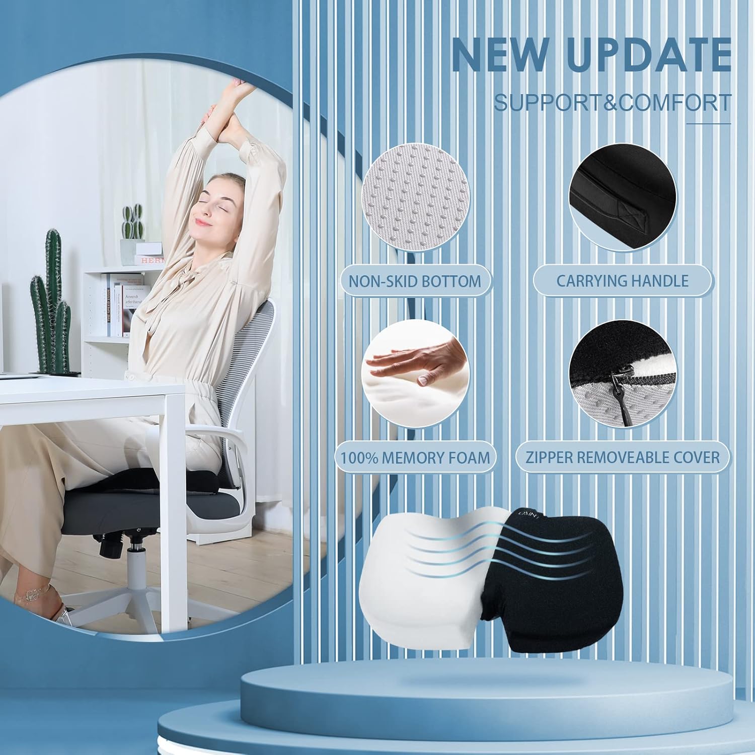 Seat Cushion Black- DAINTIER Comfort Soft Supportive Cushion - Ergonomic Butt Cushion, Wheel Chair Memory Foam Desk Pad for Long Sitting, Back Coccyx Tailbone Pain Relief &hellip;