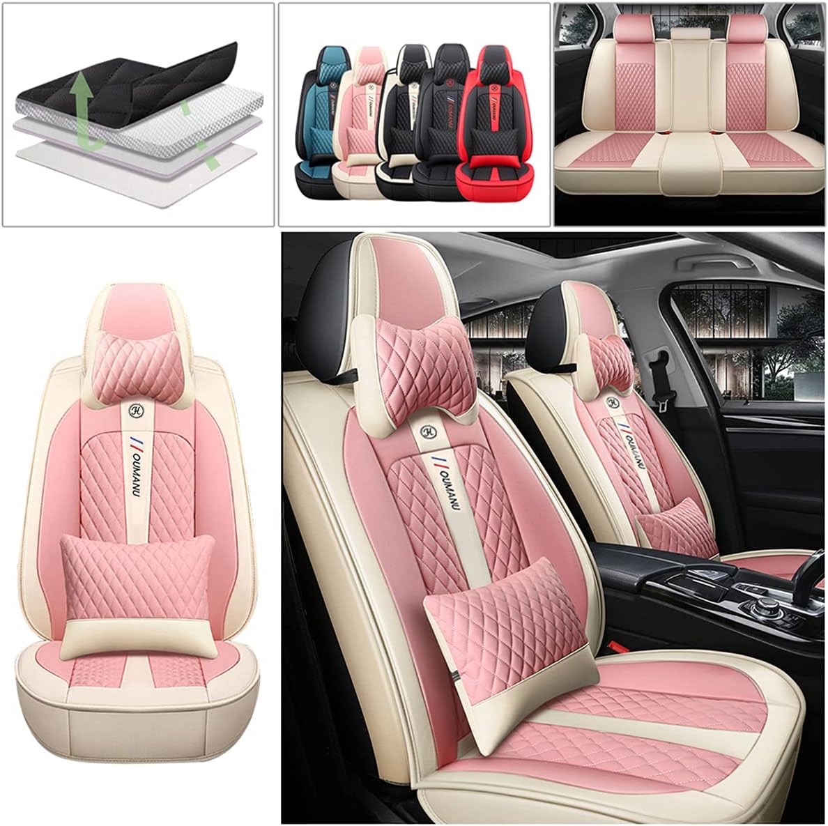 Vonzasi Auto Car Seat Covers Fit for ONE Jcw ONE R52 Cooper Cooper S Cooper R56 PU Leather Waterproof Breathable Car Seat Cushion Airbag Compatible (Black & Beige)