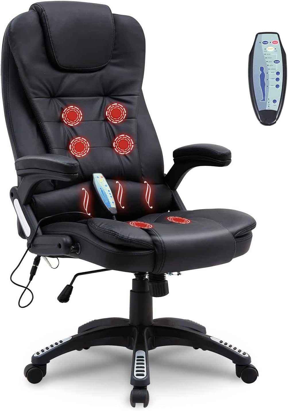 Paddie Ergonomic Executive Massage Office Chair, High-Back PU Leather Desk Chair with Heated 6 Point Vibrating, Swivel Rocking Chair with Padded Armrest and Adjustable Height (Black)