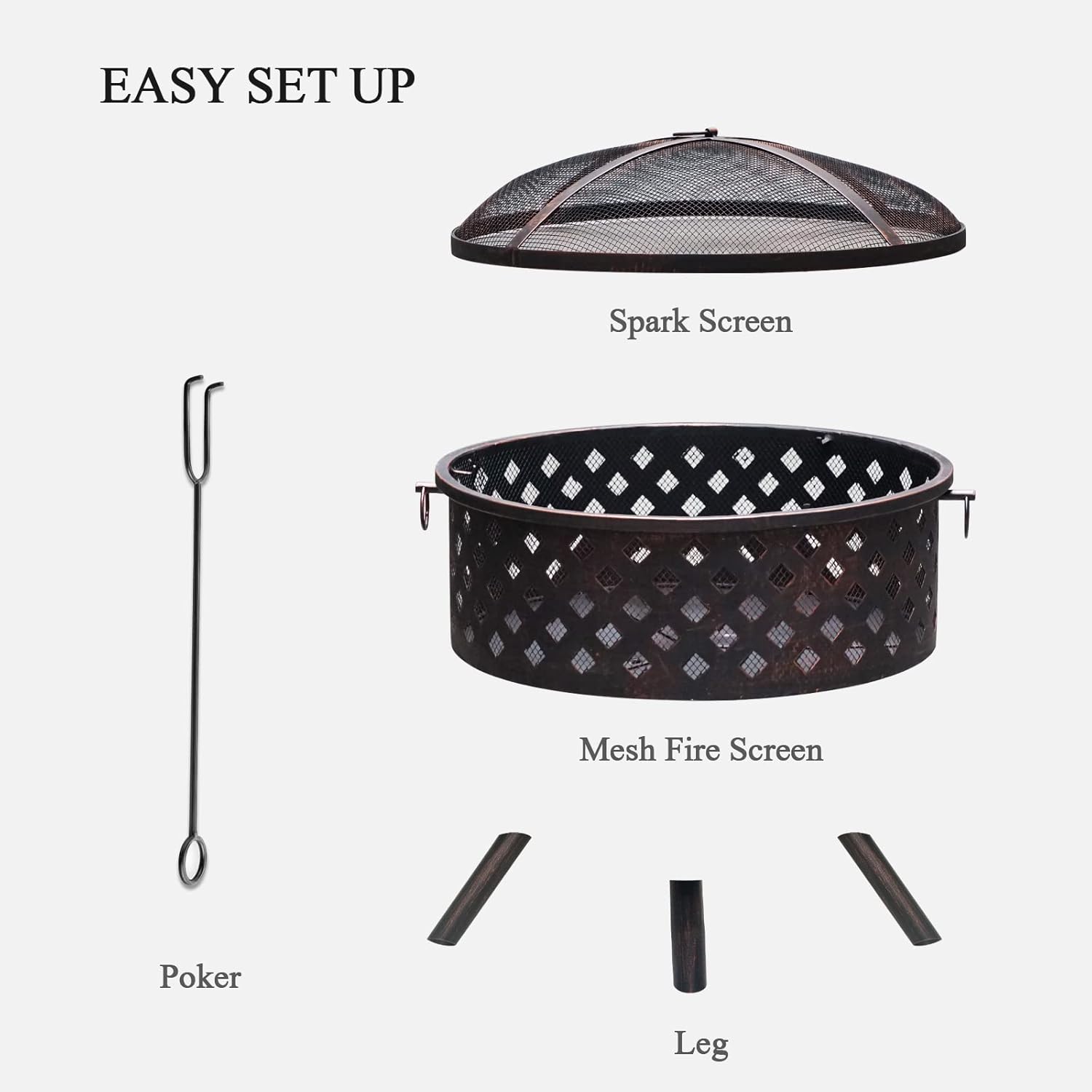 IKARE Outdoor Fire Pit-25 Inch Fire Pit Wood Burning Outside, Firepit for Patio and Backyard with Spark Screen, Poker and Fireplace Cover, Multi-Folding Camping Shovel, Black.