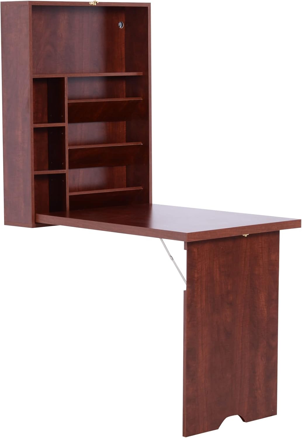 HOMCOM Compact Fold Out Wall Mounted Convertible Desk with Storage, Mahogany