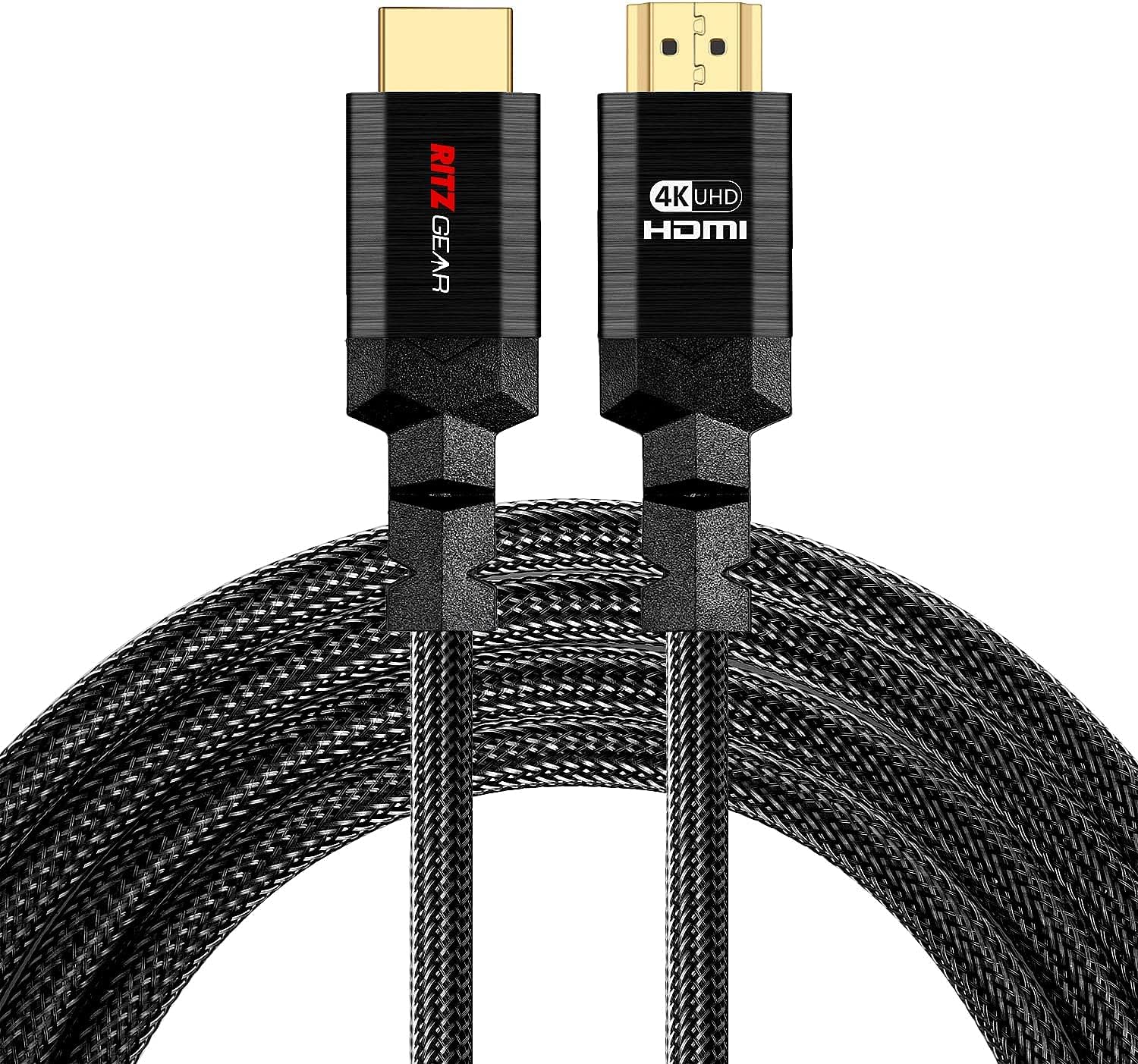 4K HDMI Cable 20 ft [5-Pack] - Black - Braided Nylon Cord & 24K Gold Plated Connectors, Ritz Gear High Speed HDMI 2.0 with Ethernet Pack of 2