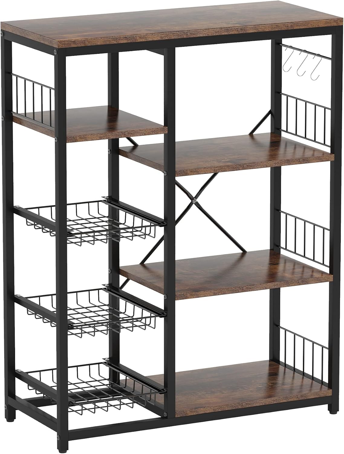 Baker's Rack, Corner Storage Shelf with 3 Mesh Baskets and 6 Hooks, Microwave Stand Kitchen Storage Rack (Rustic Brown)