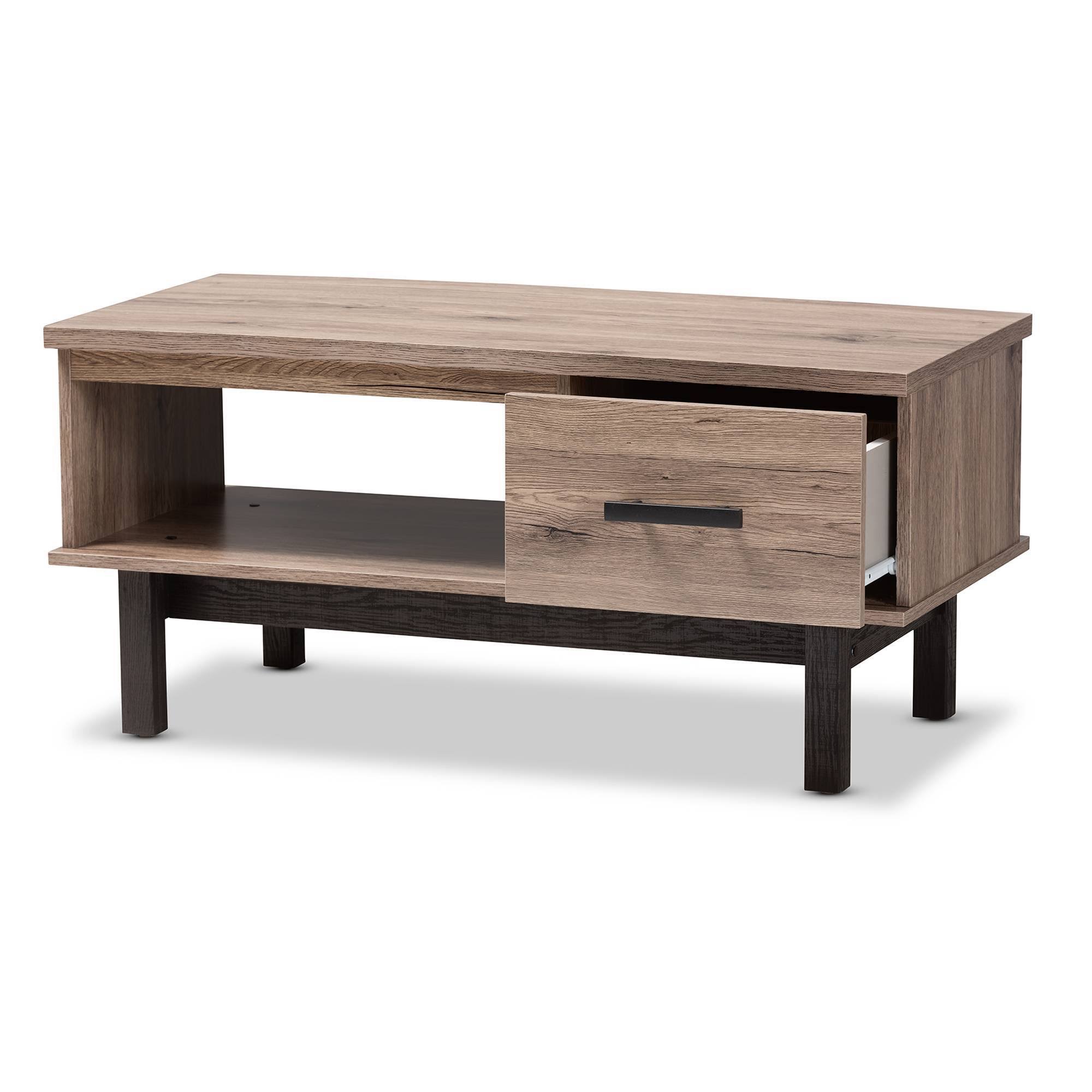 Baxton Studio Arend Two-Tone Oak Brown and Black Wood 1-Drawer Coffee Table