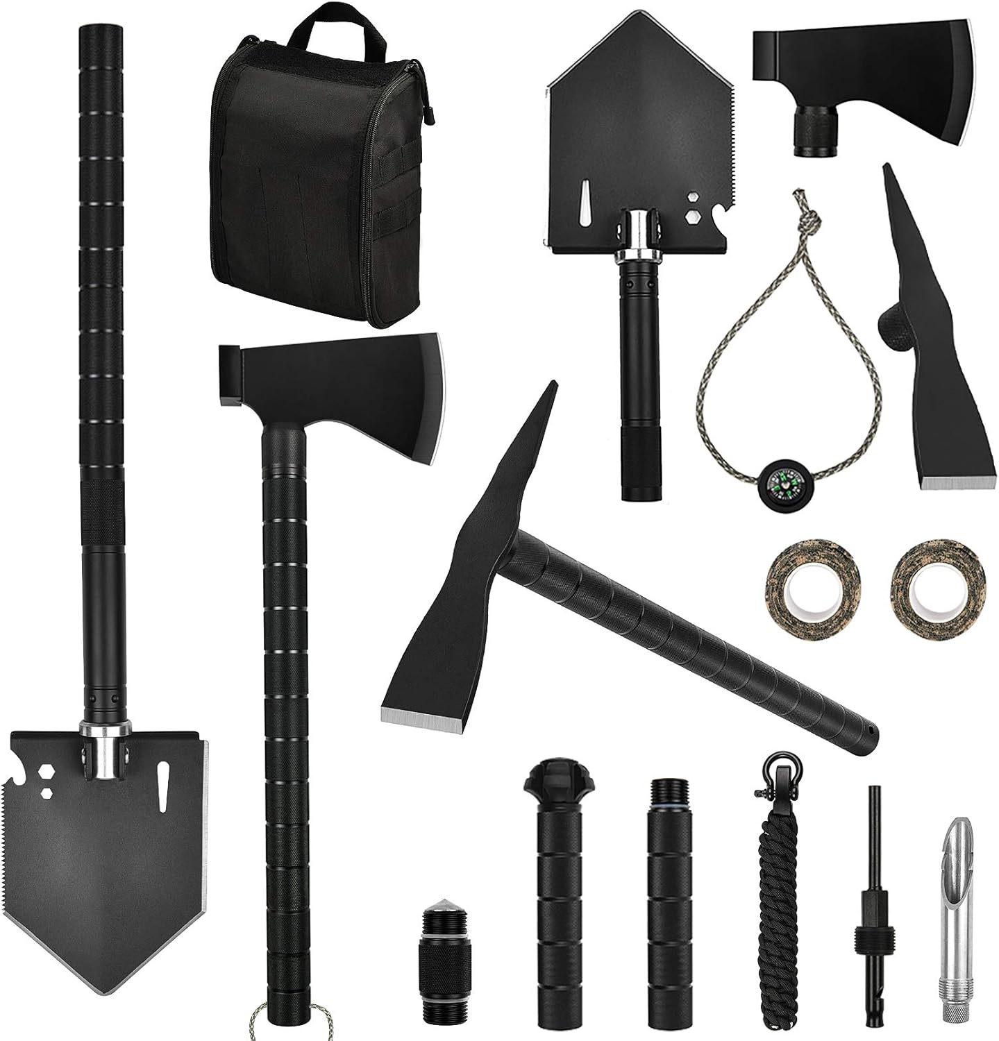 Yeacool Survival Shovel Multitool, Camping Shovels and Axe, Folding Off-Roading Kit, Tactical Hatchet, Military Spade Pickaxe with Molle Carrying Bag, for Metal Detecting, Car Emergency Outdoor