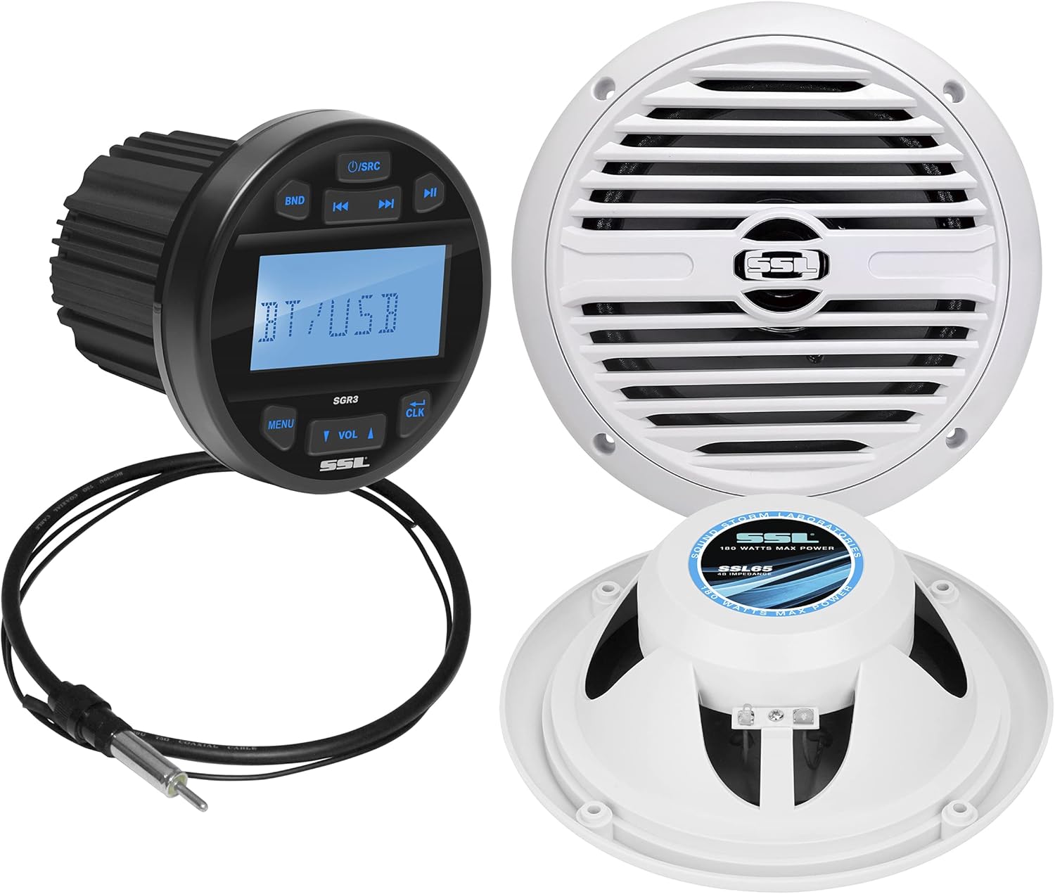 Sound Storm Laboratories SGR3.62 Weatherproof Marine Gauge Receiver and Speaker Package - IPX6 Rated Receiver, Bluetooth, USB, AM/FM Tuner, No CD Player, 6.5 Inch 2-Way Speakers x 2, Dipole Antenna