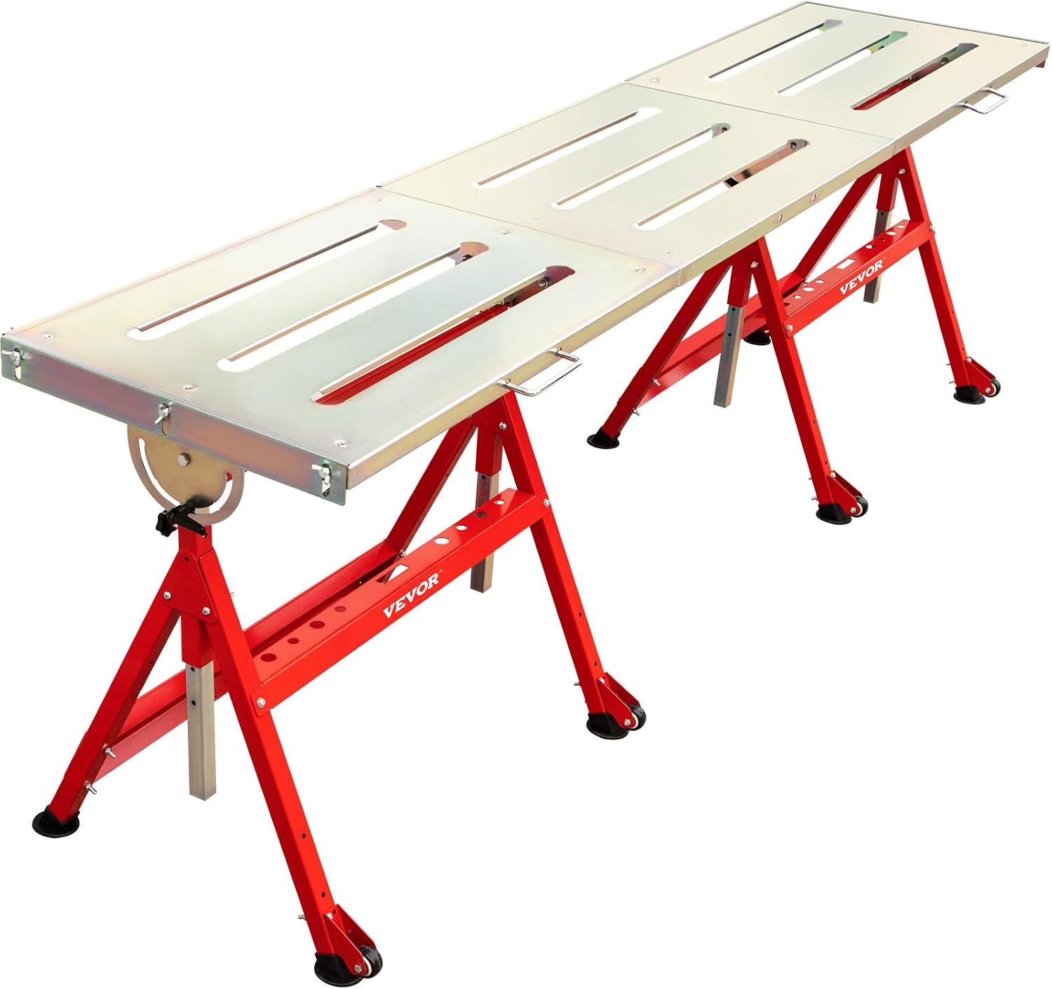 VEVOR Welding Table 90'' x 20'' Steel Welding Table Nine 1.1 in. / 28mm Slots Welding Bench Table Adjustable Angle & Height Portable Table, Casters, Retractable Guide Rails, Eccentric Leveling Foot