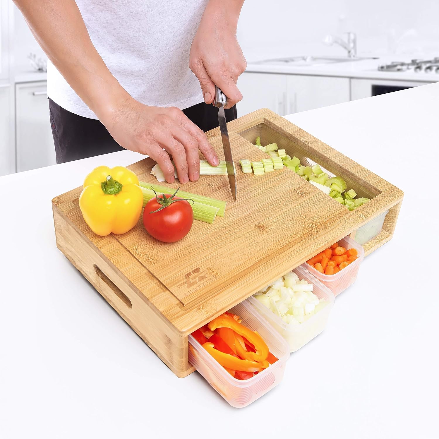 ChopZing PREMIUM Bamboo Cutting Board With Stackable Containers and Lids | MEAL PREP time saver | Large Cutting Board Set great for STORAGE | Quick and Easy Cleanup and Transportation Pack of 2