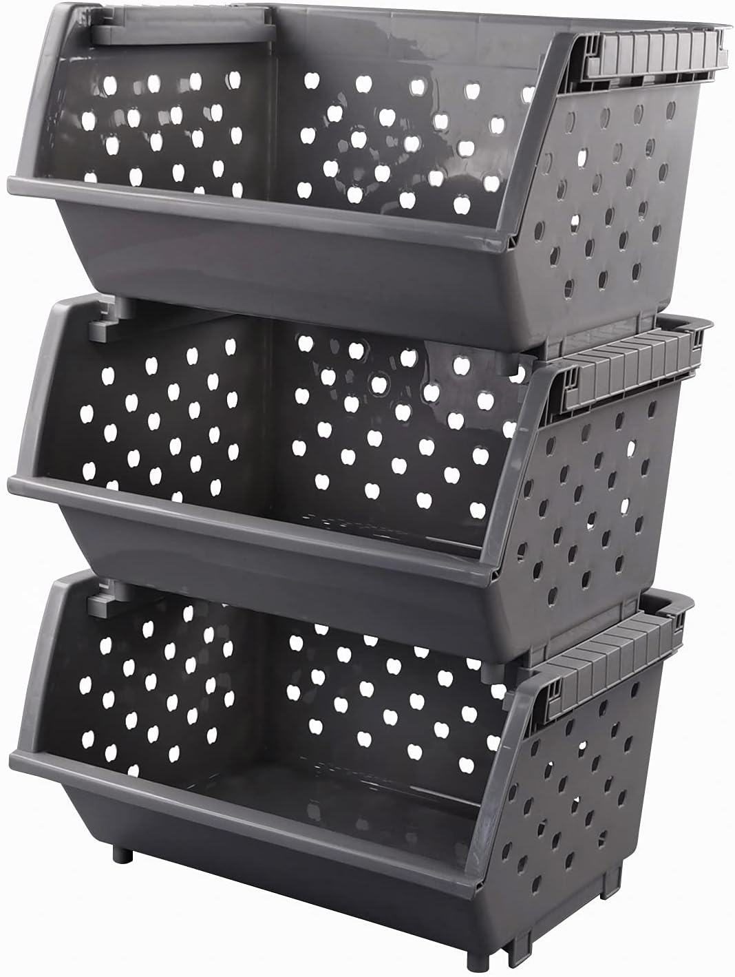 Zopnny 3 -Pack Plastic Stackable Storage Basket Organizer, Kitchen Stacking Shelf Baskets, Grey Pack of 2