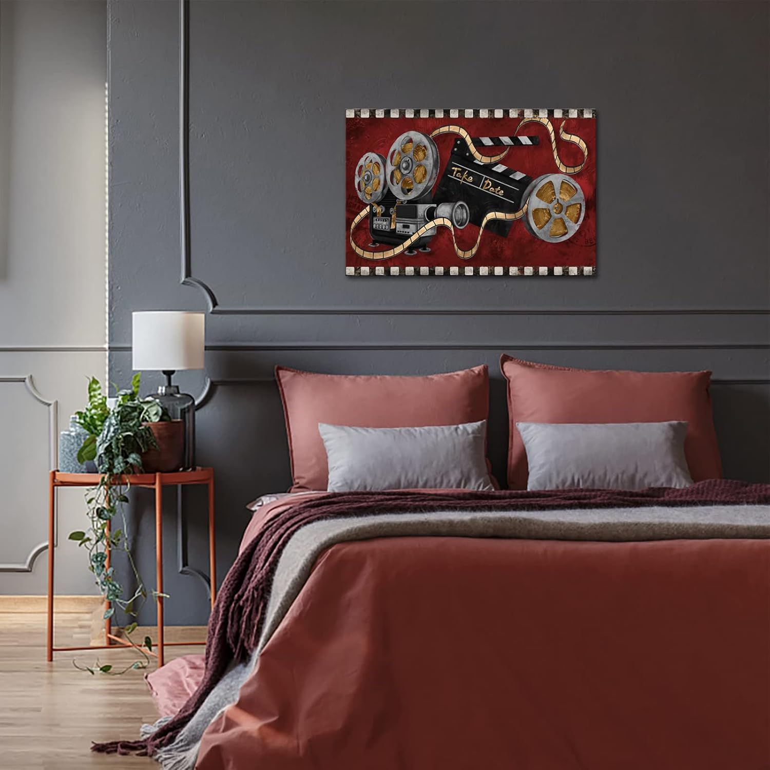 FuShvre Large Movie Wall Art Decor Movie Projector Film Reels Canvas Painting Black and Red Old Fashion Artwork for Bar Pub Home Movie Theater Media Room Ready to Hang