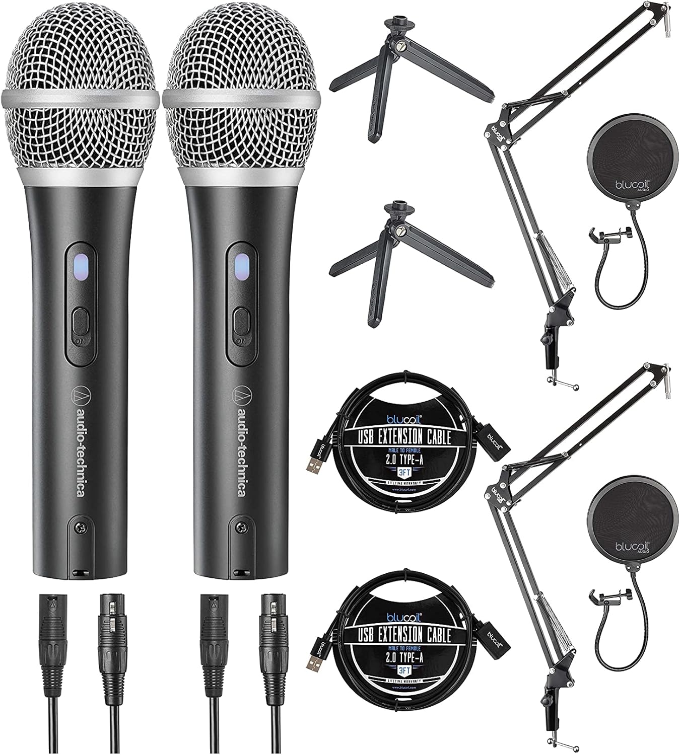 Audio-Technica ATR2100X-USB Cardioid Dynamic Microphones (ATR Series) (2-Pack) Bundle with Blucoil USB-A Mini Hub, Boom Arm Plus Pop Filters (2-Pack), and 3-FT USB 2.0 Type-A Extension Cables (2-Pack)