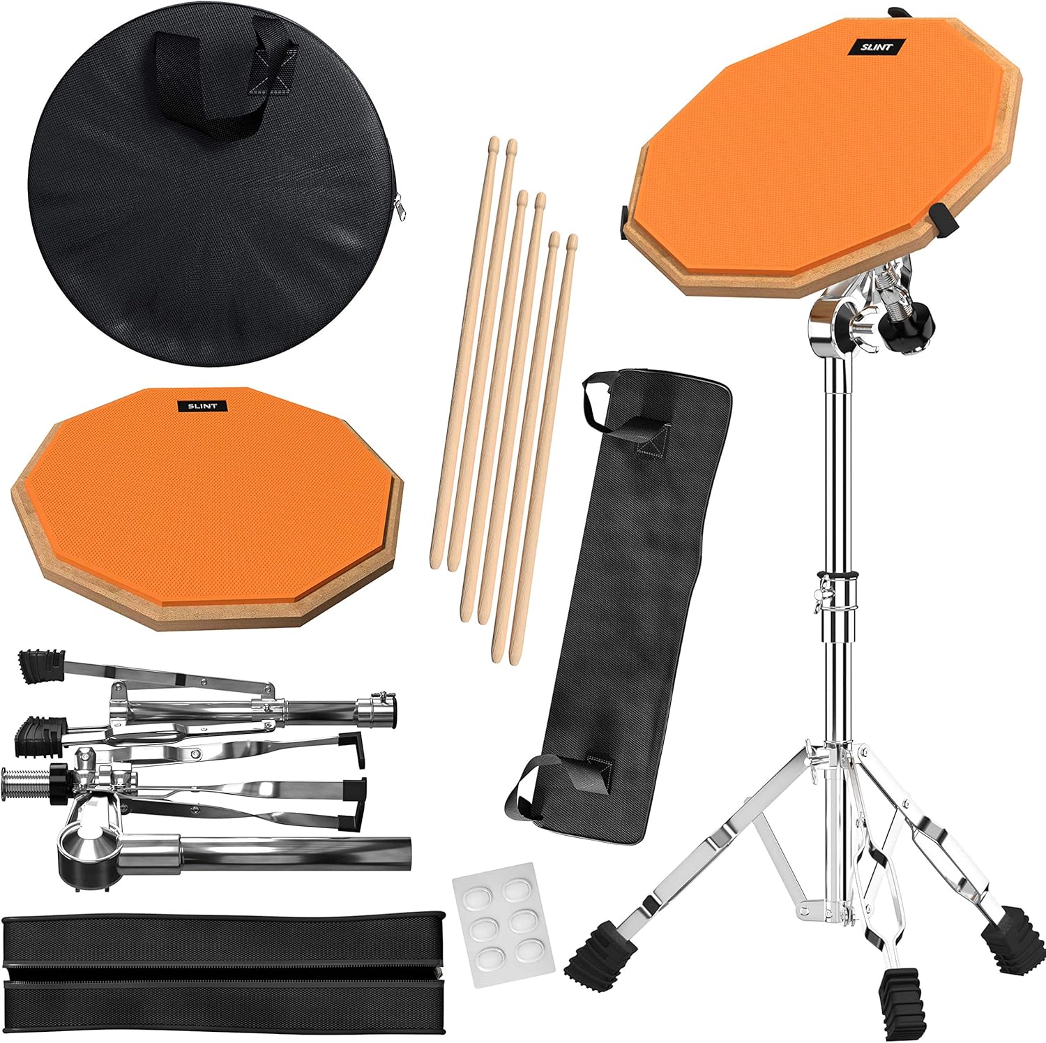 SLINT Drum Pad Stand Kit - Practice Drum Pad Set with Two Different Surfaces-12 Inch Double Sided Silent Drum Pad & Four Inch Snare Drum- Practice Drum Pad Set with Stand & Drumsticks Pack of 2