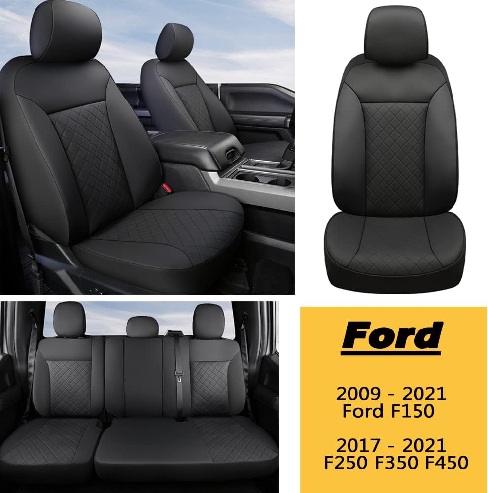 GIANT PANDA Car Seat Covers Full Set Custom Fit 2009 - 2021 Ford F150 and 2017 - 2021 F250 F350 F450 Seat Protectors (Black+Blue)