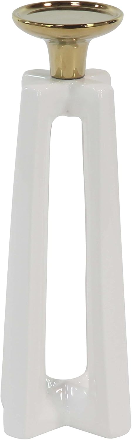 CosmoLiving by Cosmopolitan 59973 Tall Gold & White Stone Modern X-Shaped Candle Holders | Set of 2: 5” x 14” & 5” x 12” Pack of 2