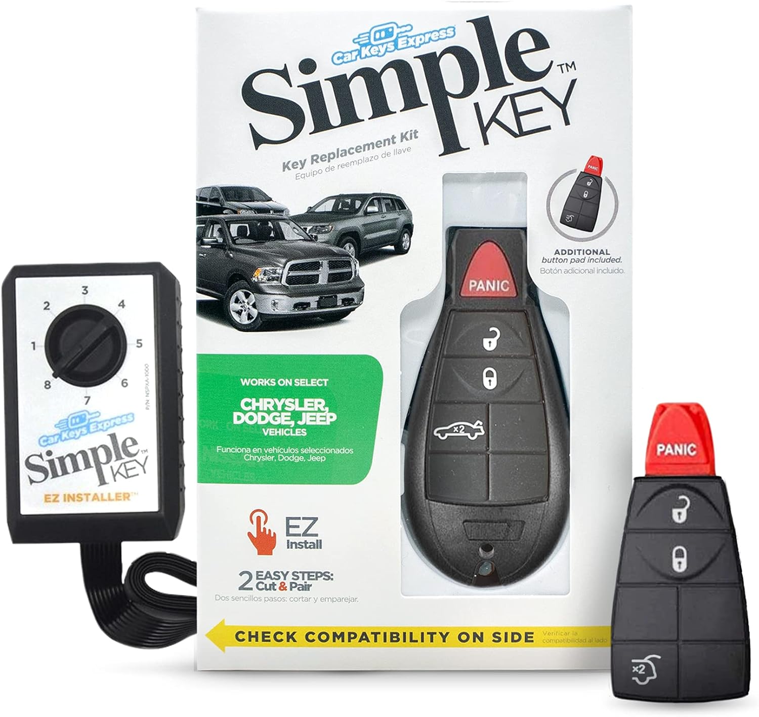 Simple Key, Key Fob and Key Programmer with Interchangeable 3 & 4 Button Keypads, Key Replacement Kit, Simple Key Programmer for Car Remote Start and Keyless Entry
