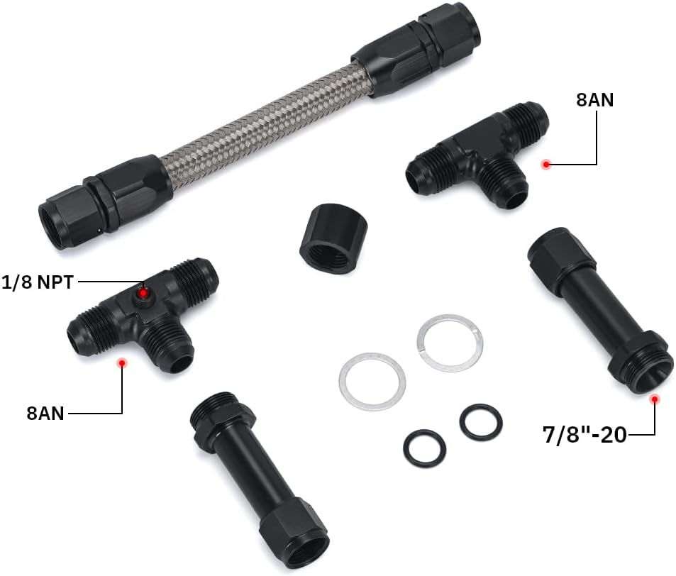 PQY Universal Black 8 AN Male Flare Dual Inlet 4150 Fuel Line Kit to 7/8