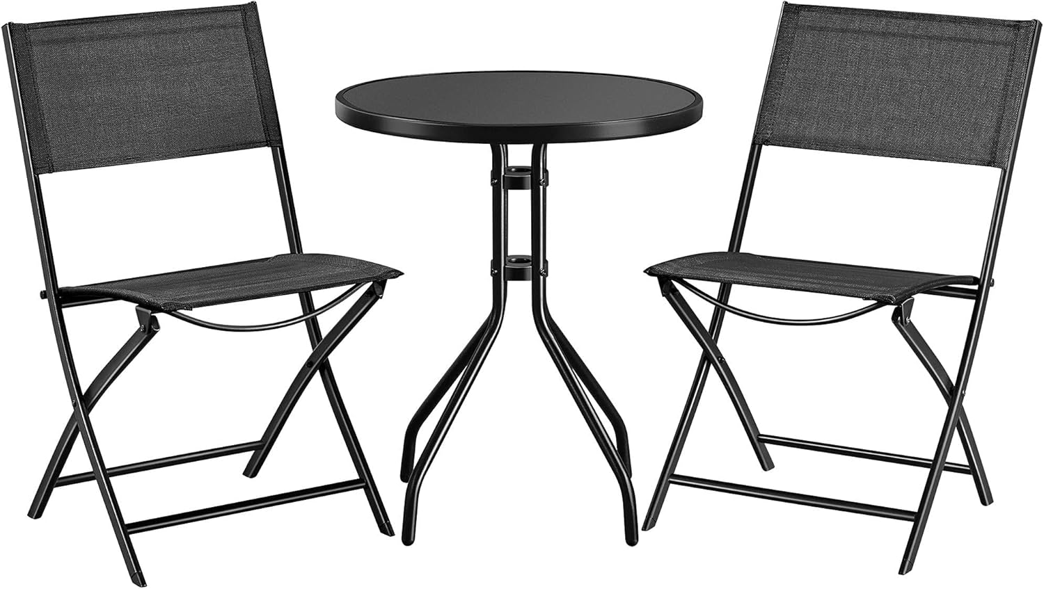 Yaheetech 3-Piece Patio Bistro Table Set, Foldable Patio Bistro Dining Furniture Sets w/Textured Glass Table Top, Rust-Proof Porch Furniture for Balcony, Garden-Black