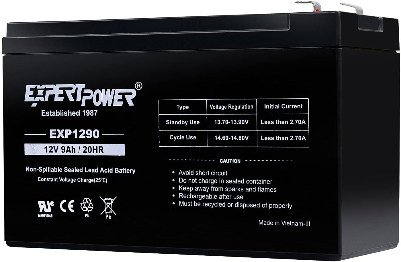 ExpertPower 12v 9ah Sealed Lead Acid Battery with F2 Terminals (.250